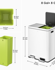 Edison 8+8 Gal Kitchen Trash Can with Dual Removable Liners-Matter White