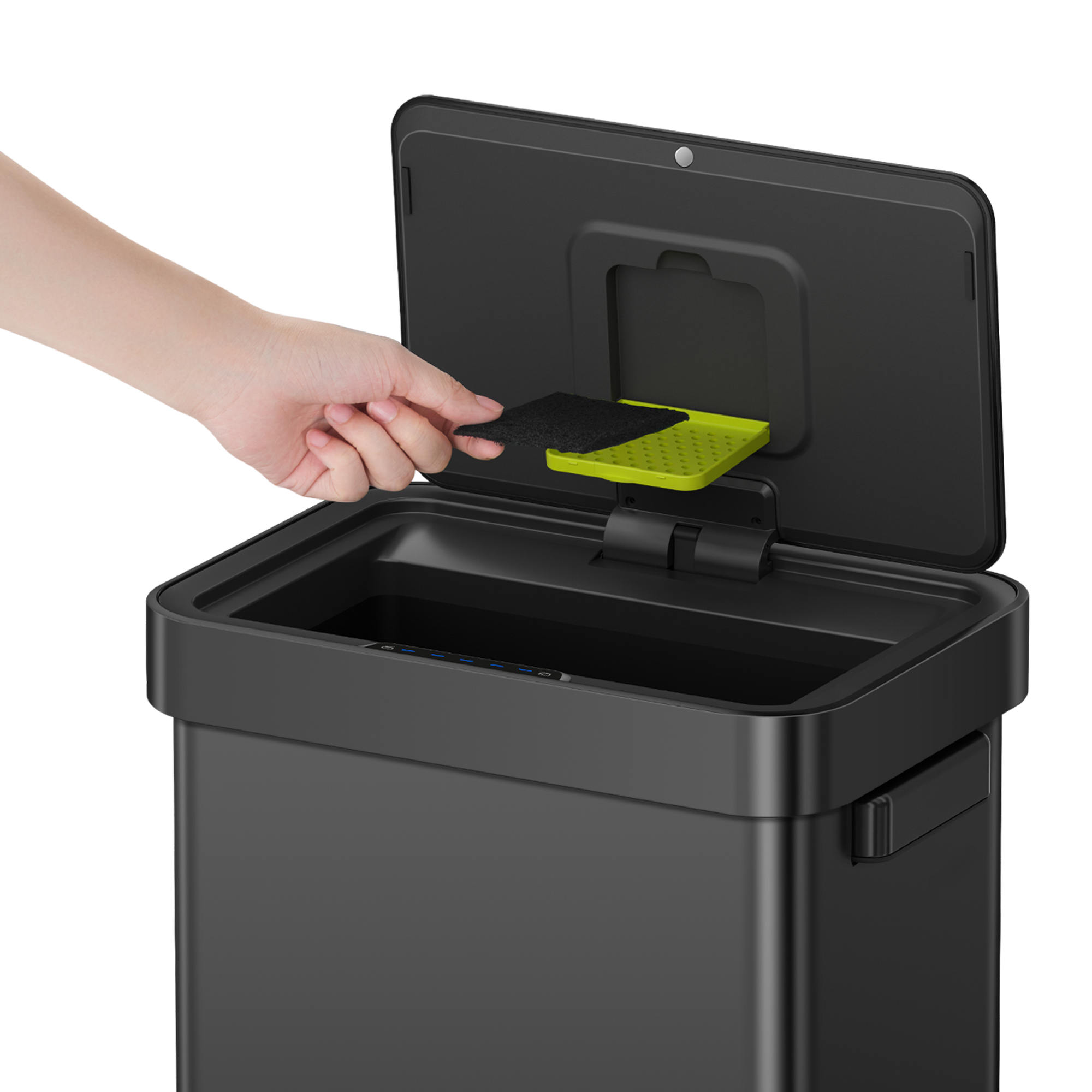 EKO Trash Can with open lid and hand inserting a new deodorizer.