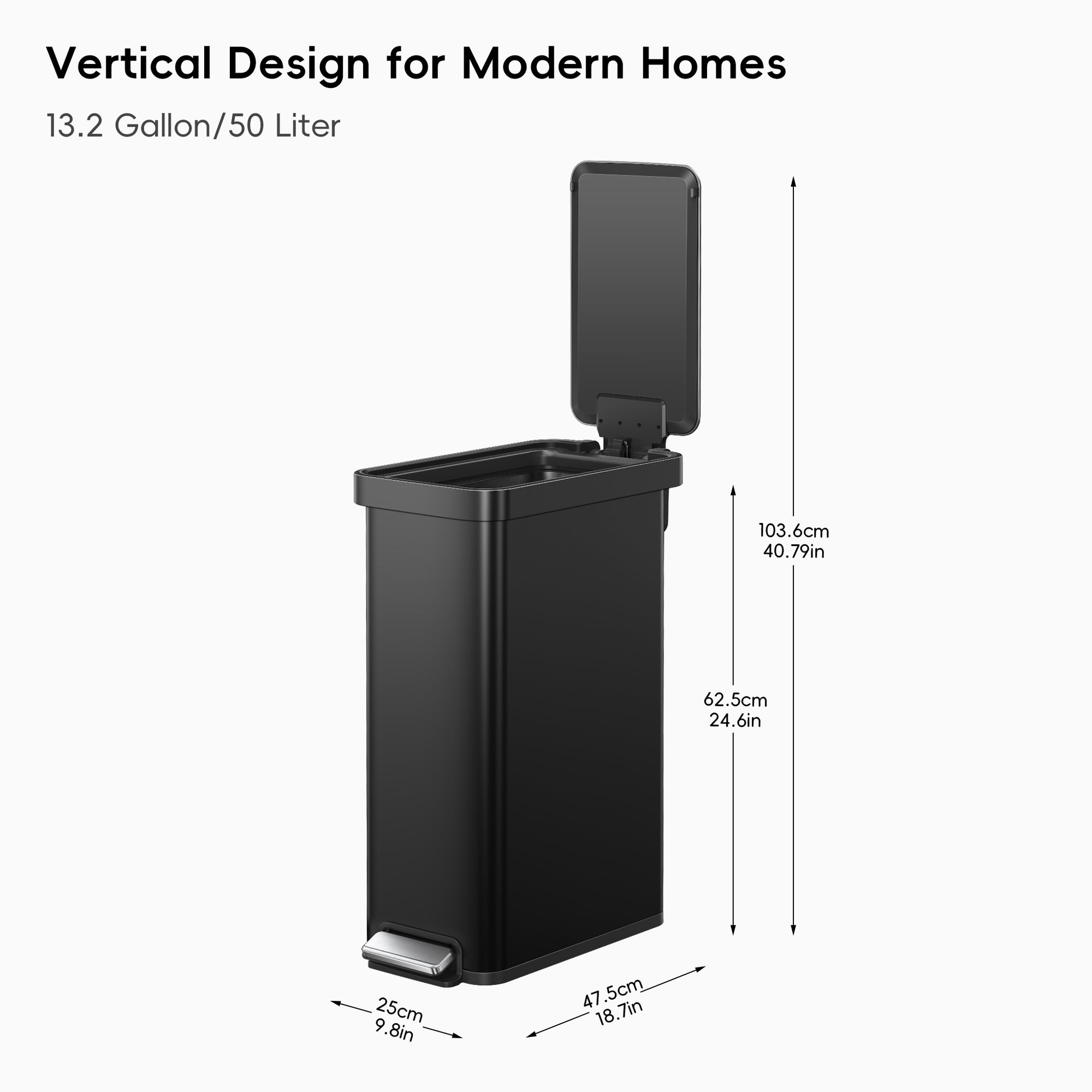 Hudson Slim 50L / 13.2 Gallon Matte Black Step Trash Can with Lid