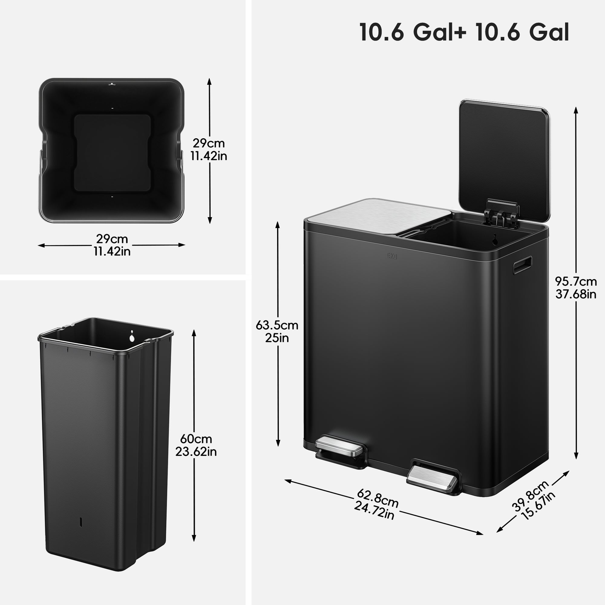 EcoCasa Plus 2 x 10.6 Gal Dual Recycling Trash Can for Kitchen-Matte Black