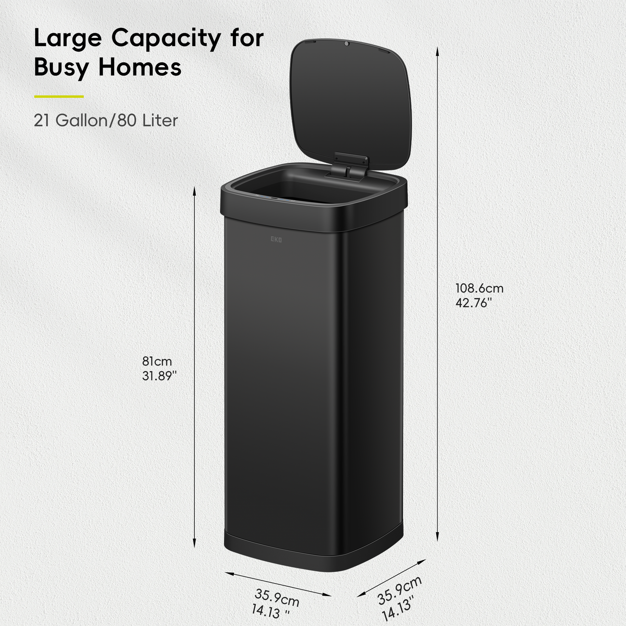 EcoSmart 80L / 21.1 Gallon Motion Sensor Trash Can – Tall, Large Touchless Automatic Kitchen Garbage Bin-Matte Black