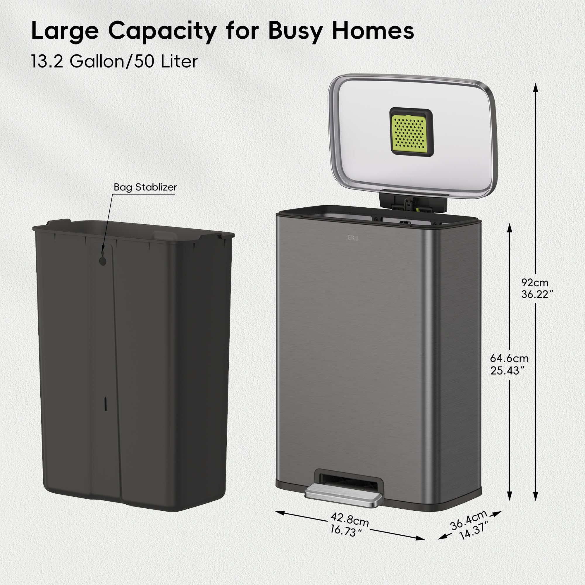 Madison Gunmetal Steel 50 Liter/13.2 Gallon Step Trash Can with Inner Liner - Fingerprint Resistant Finish
