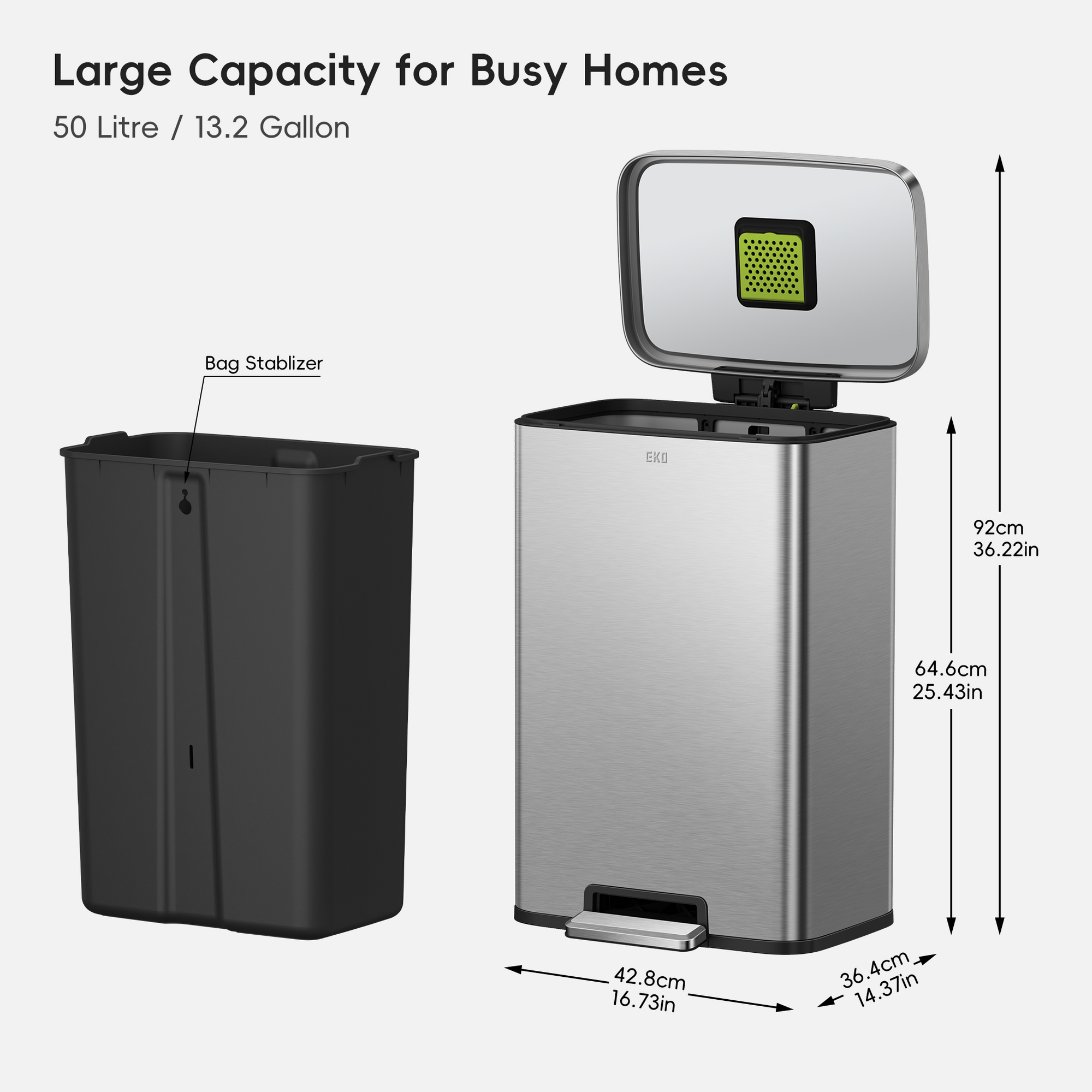 Madison Step Can with Liner – 50L / 13.2 Gal – Matte Stainless Steel