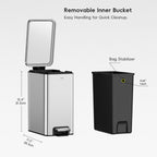 EKO Stella 6 L/1.6 Gal Small Bathroom Step Trash Can - Stainless Steel – Removable Inner Bucket