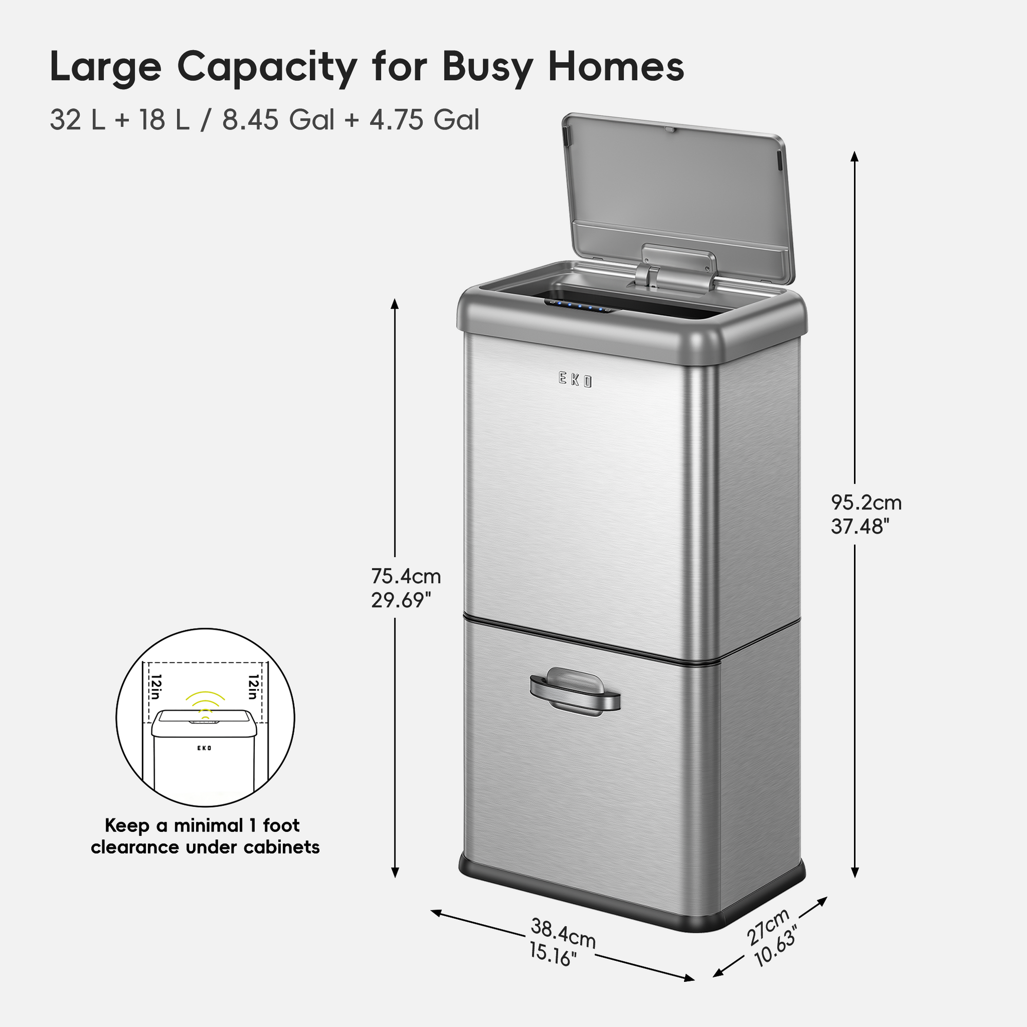 Vintage Dual Compartment 32L + 18L Stainless Steel Motion Sensor Trash Can