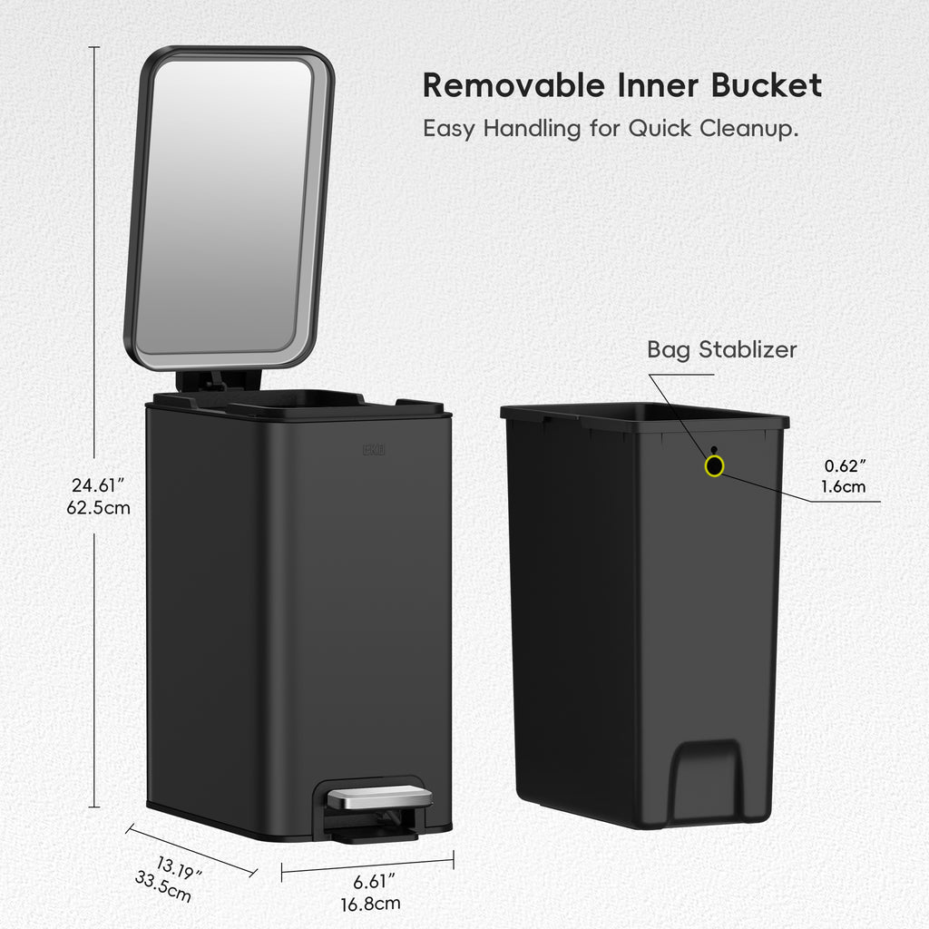EKO Stella 10 L/2.6 Gal Small Bathroom Step Trash Can - Matte Black – Removable Inner Bucket - Easy Handling for Quick Cleanup