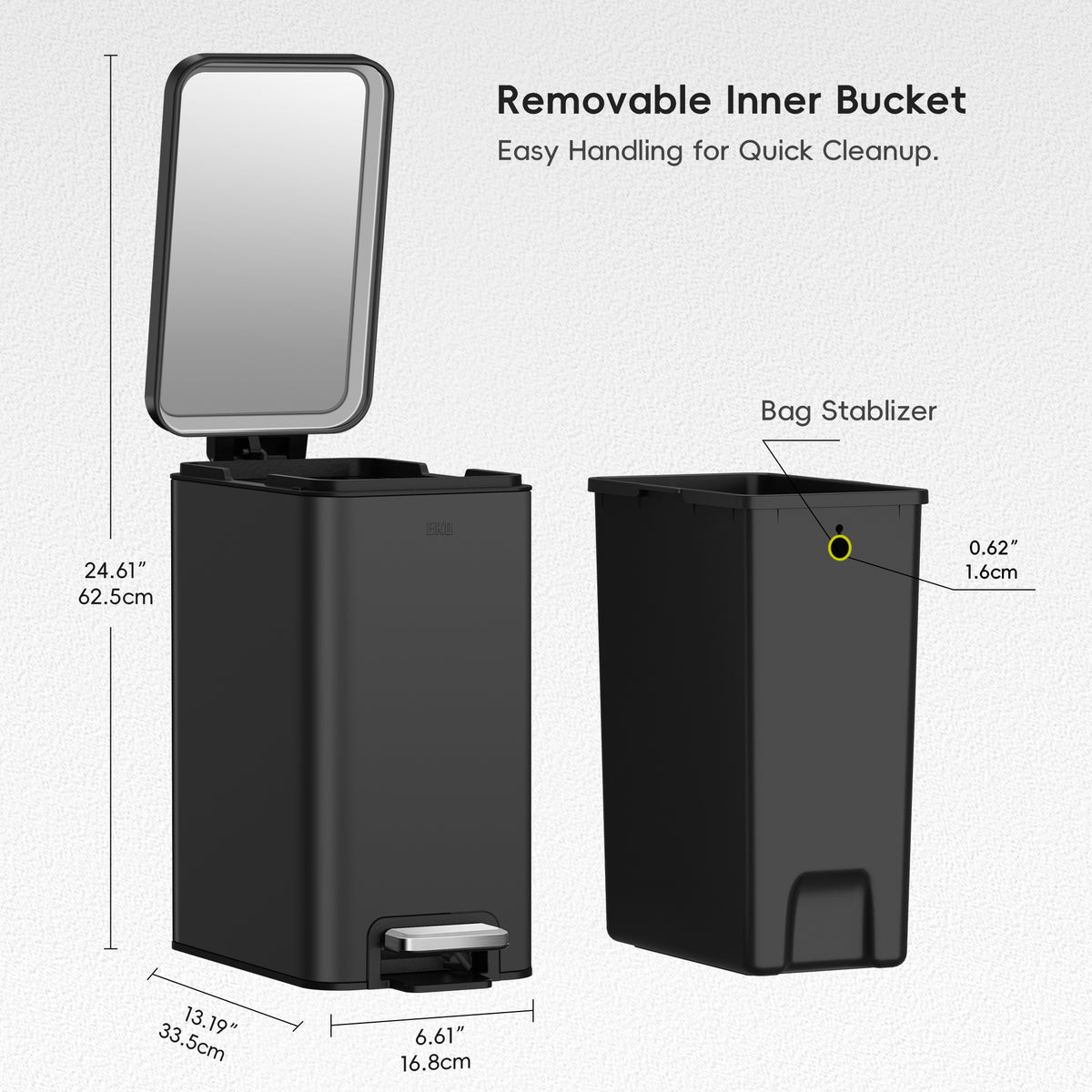 EKO Stella 10 L/2.6 Gal Small Bathroom Step Trash Can - Matte Black – Removable Inner Bucket - Easy Handling for Quick Cleanup
