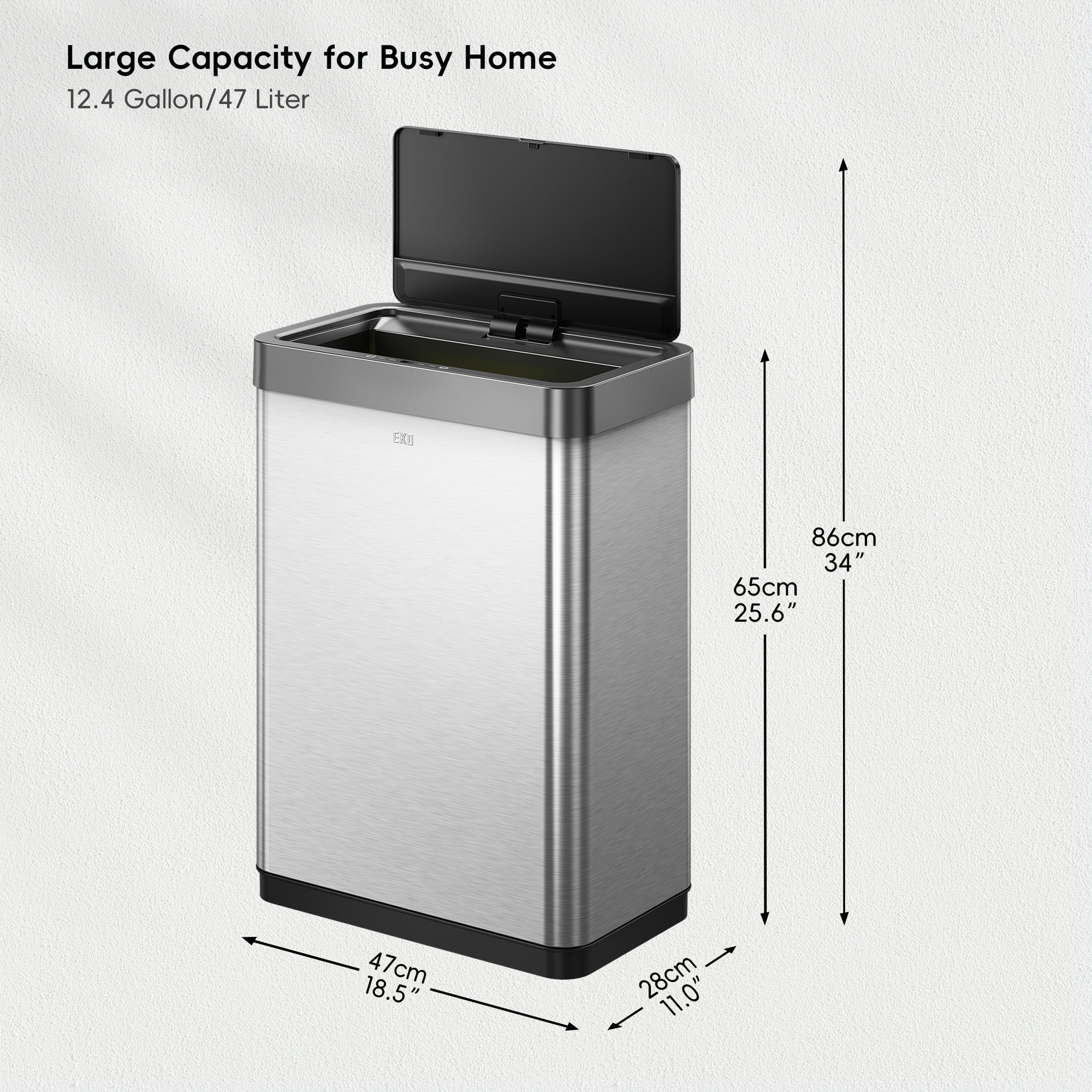 EKO Mirage-X Sensor Trash Can with Liner – 47Liter / 12.4 Gallon - Stainless Steel – Dimensions