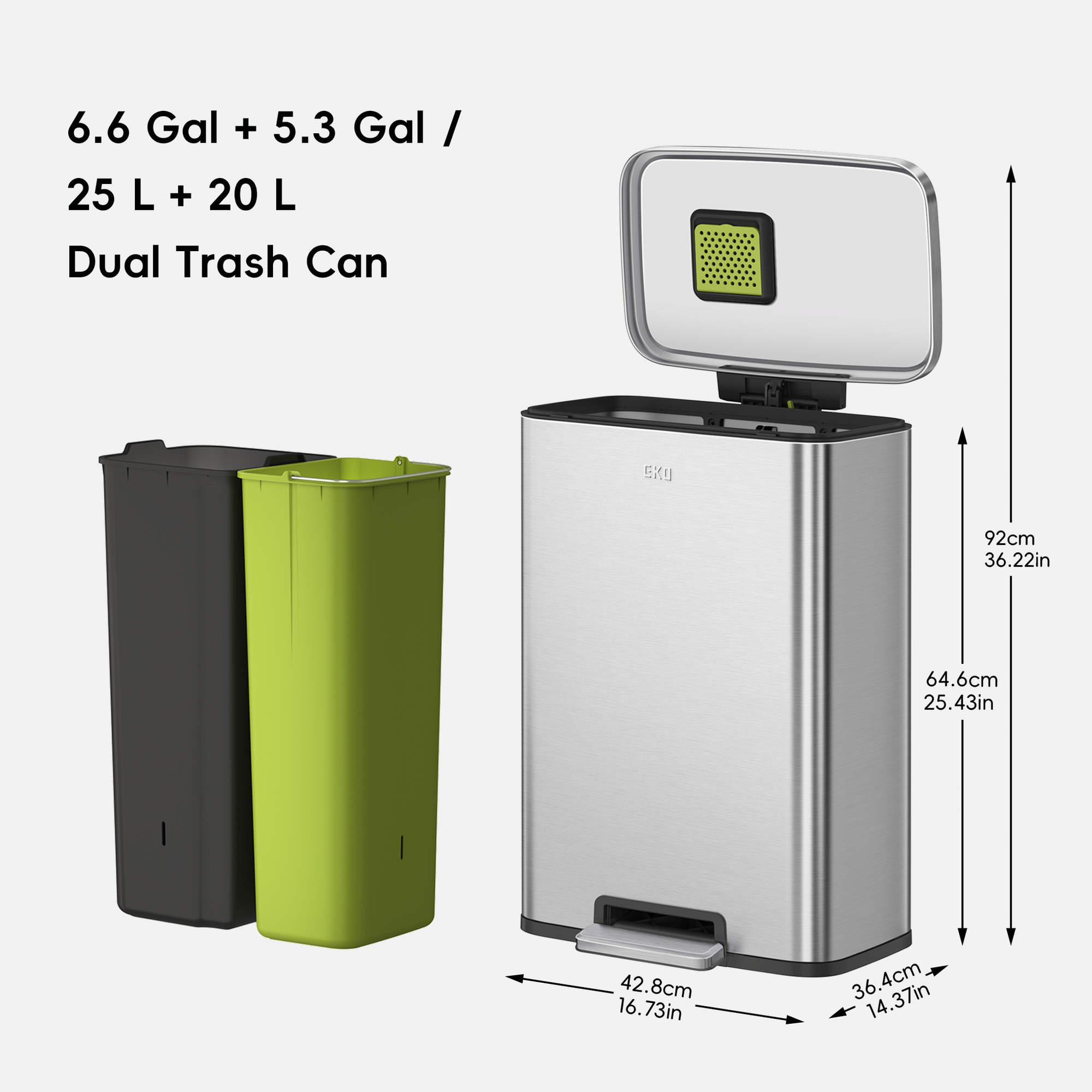 Madison 25L+20L Dual Compartment Step Trash Can - Brushed Stainless