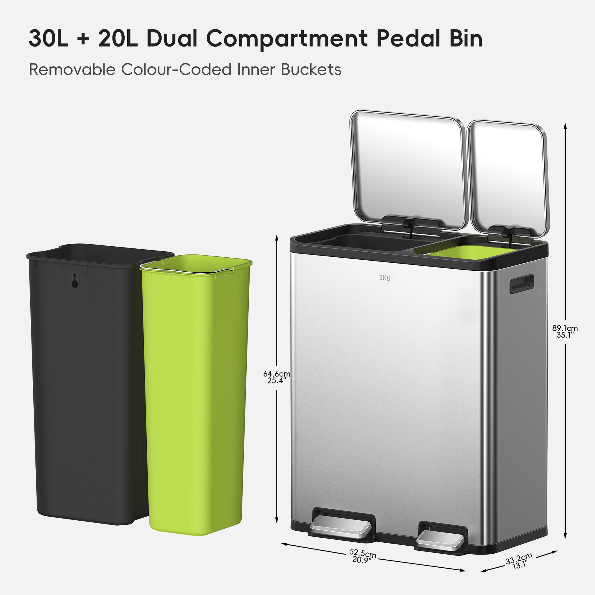 EcoCasa Dual Compartment 30L+20L Step Recycling Can