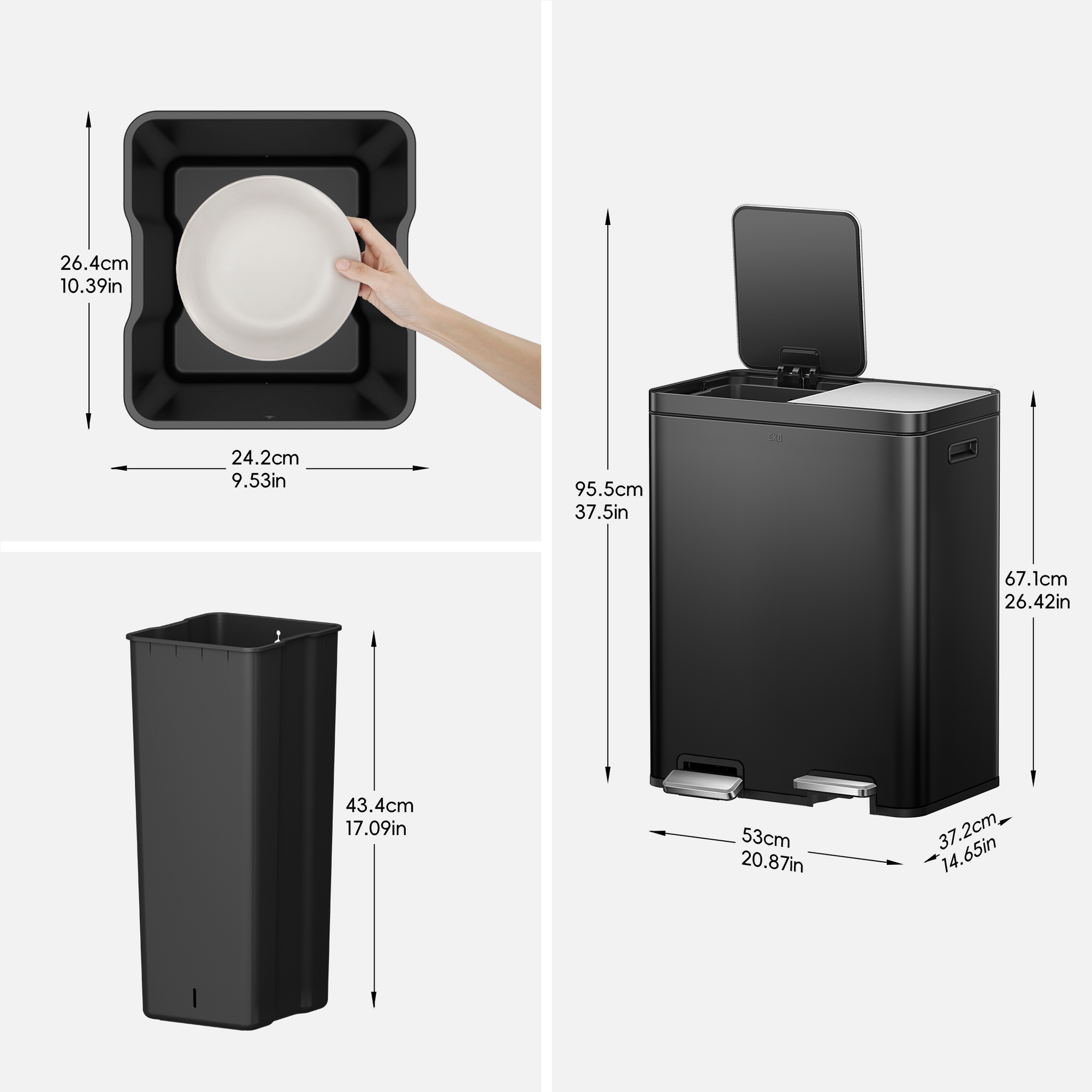 Edison 8+8 Gallon Dual Kitchen Trash Can with Removable Inner Liners-Matte Black