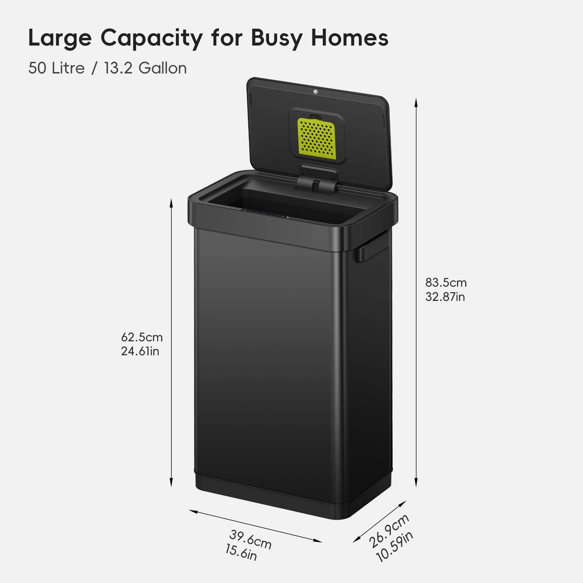Deluxe Mirage-T 50 Liter / 13 Gallon Sensor Can (Matte Black) Dimensions.
