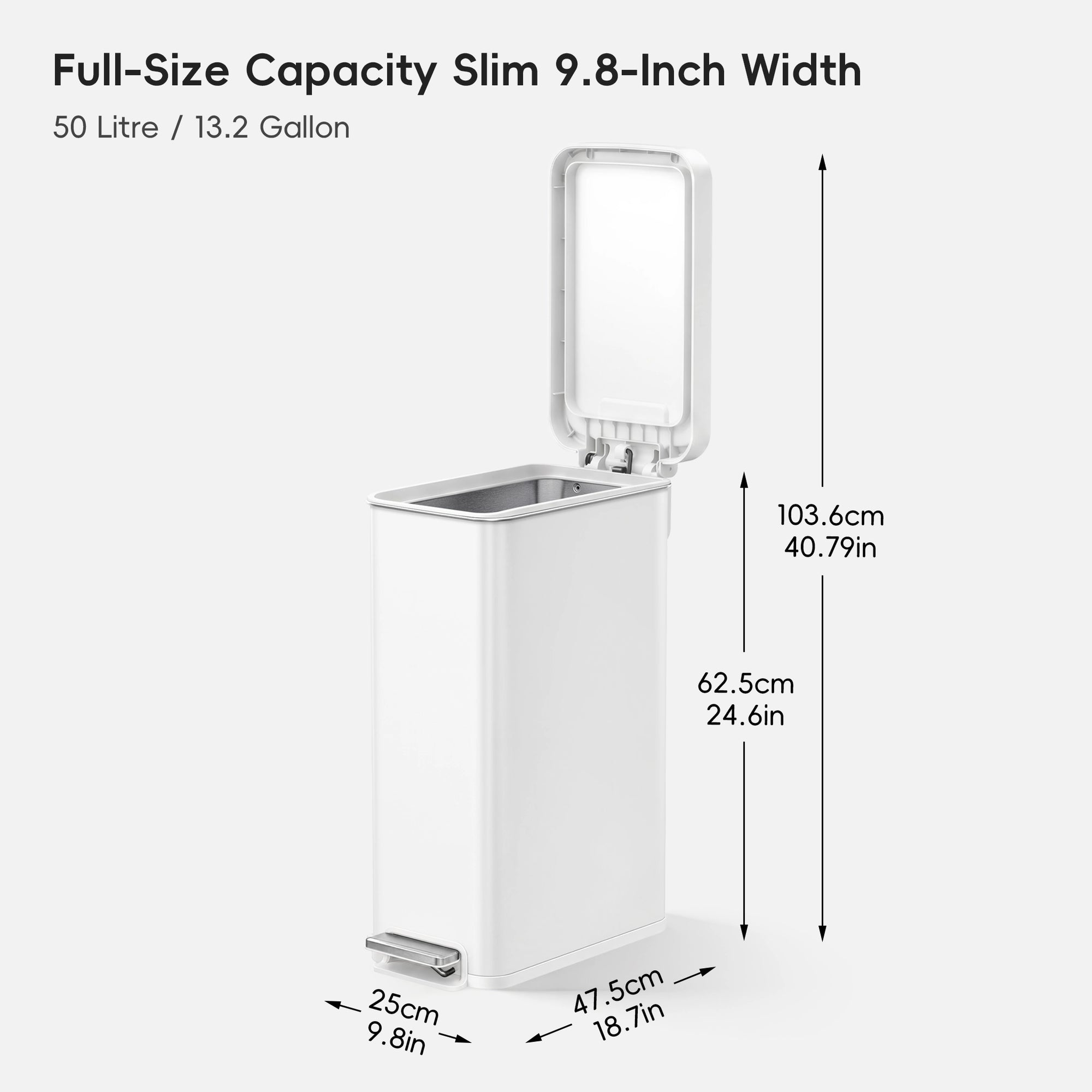 Hudson Slim 50 Liter / 13 Gallon Matte White Step Trash Can with Lid