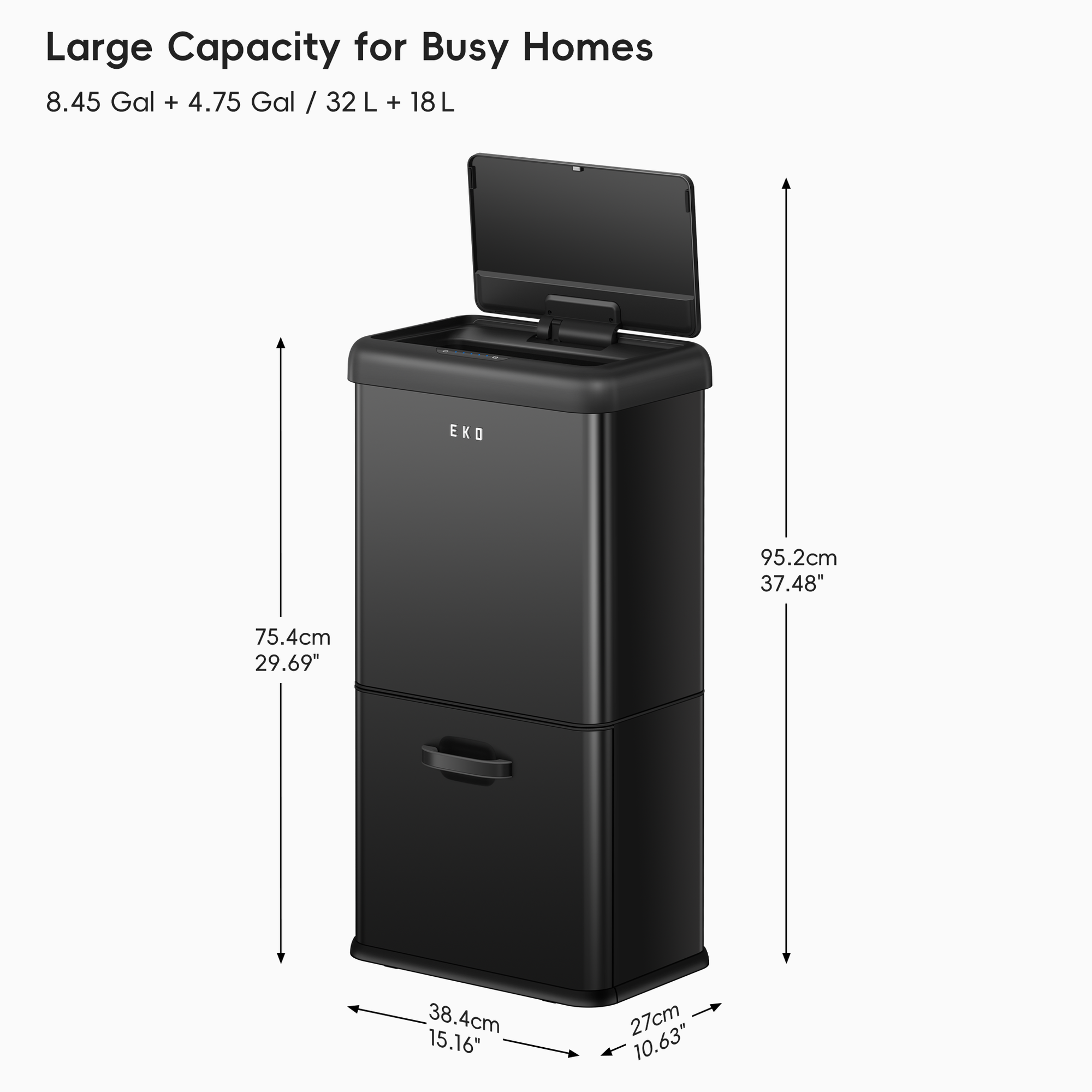 Vintage Dual Compartment 32L + 18L Motion Sensor Trash Can-Matte Black