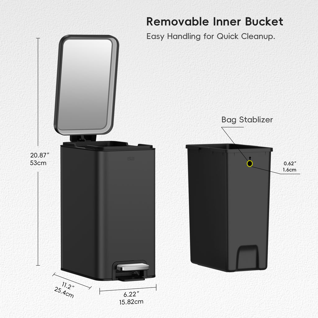 EKO Stella 6 L/1.6 Gal Small Bathroom Step Trash Can - Matte Black – Removable Inner Bucket