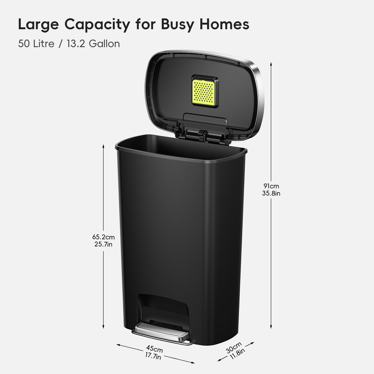 EKO Hana Select 50L / 13 Gallon Plastic Resin Step Kitchen Trash Can (Black) Dimensions