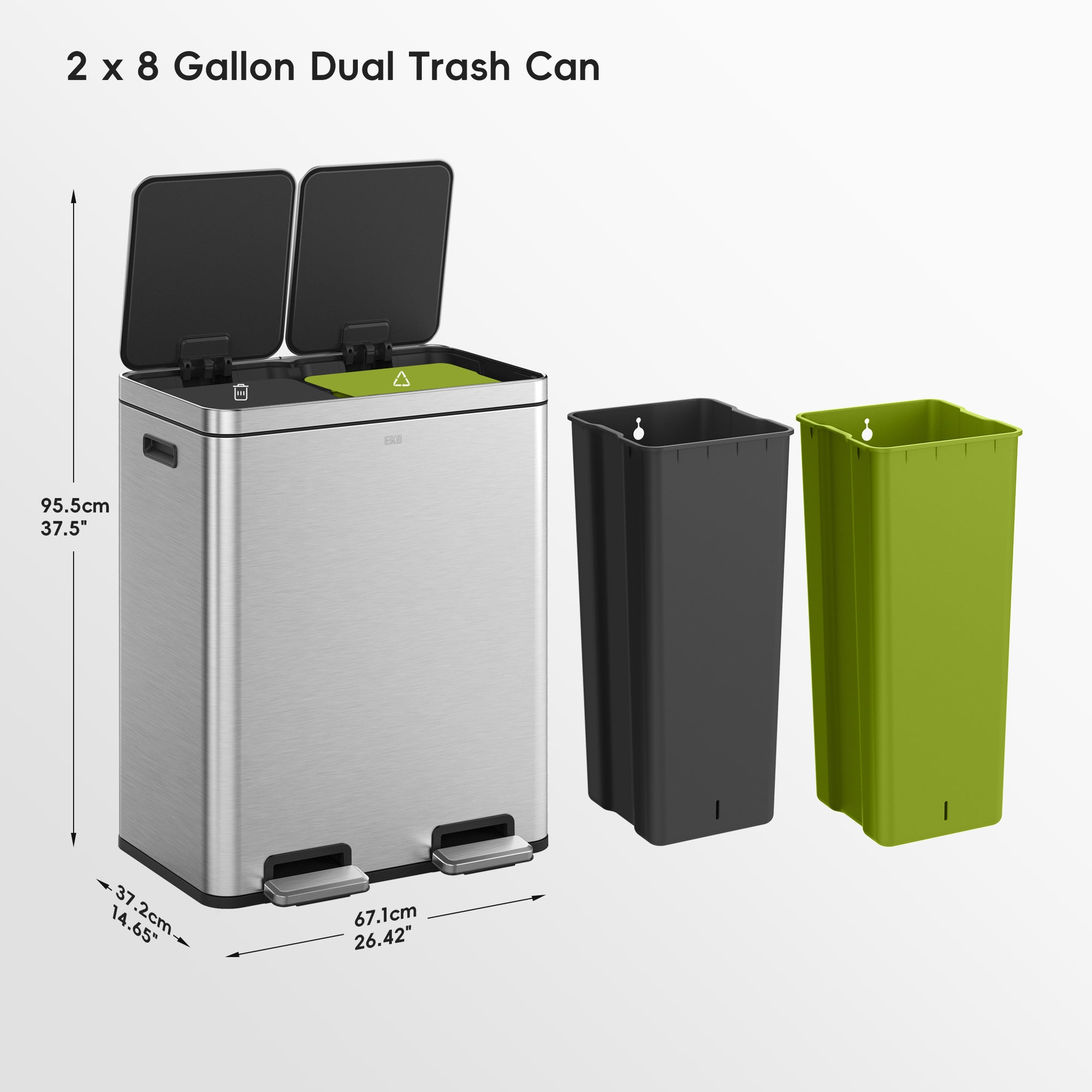 Edison Dual Kitchen Trash Can 8+8 Gallons with Dual Removable Inner Liners