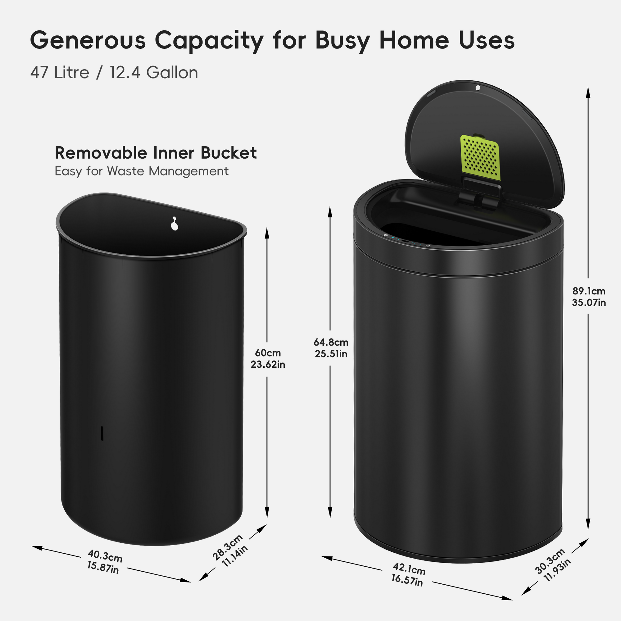Mirage Semi-Round 47 Liter / 12.4 Gallon Motion Sensor Trash Can - Matte Black