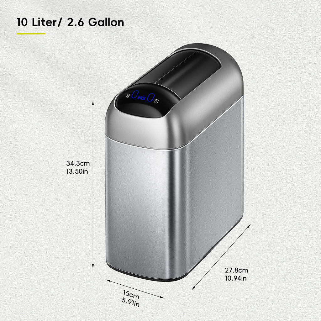 EKO Astro 10L / 2.6 Gallon Slim Sensor Trash Can with Butterfly Lid-Matte Stainless Steel – Dimensions