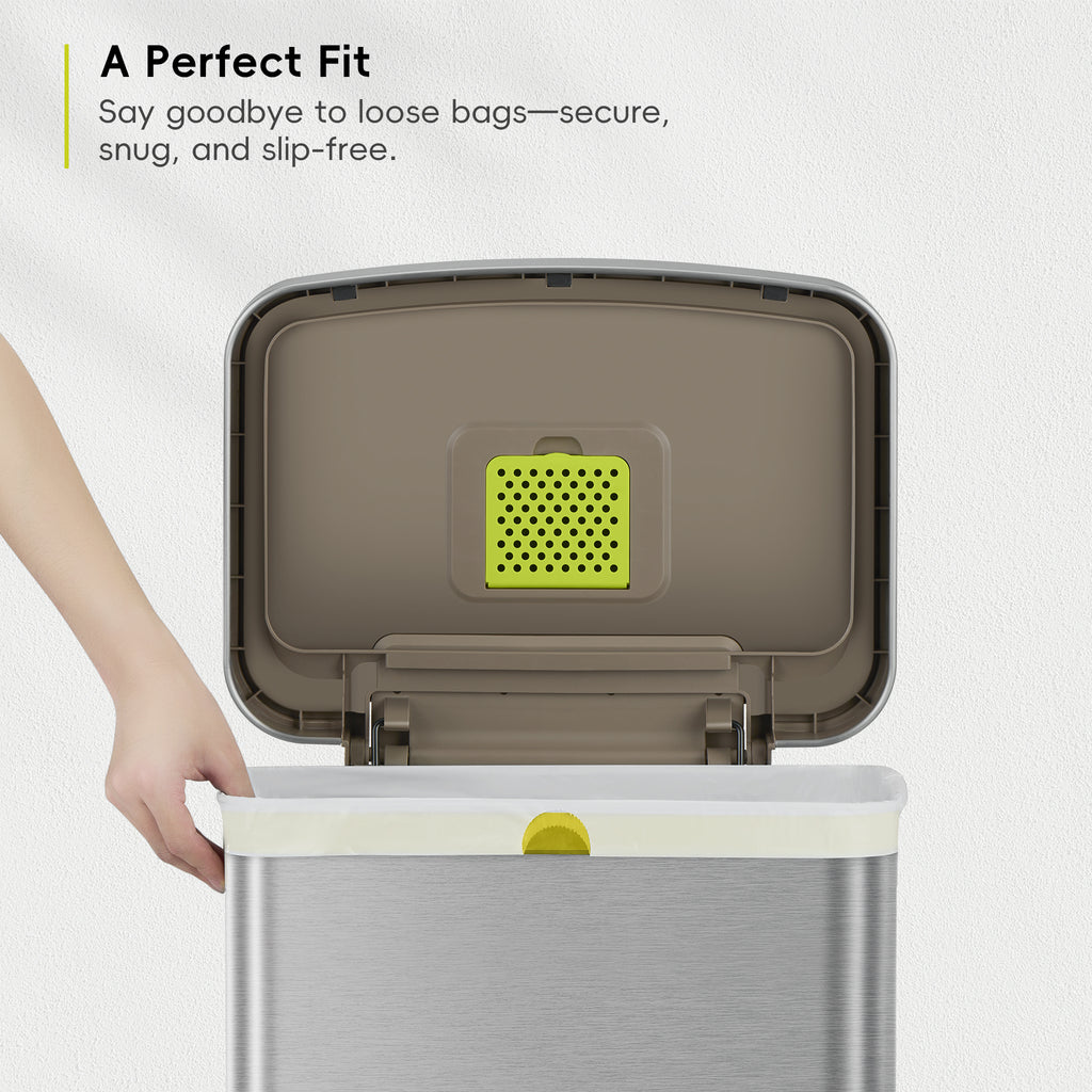 "A Perfect Fit. Say goodbye to loose bags—secure, snug, and slip-free." A hand reaches toward an open metal container, revealing an interior lid with a central, textured green piece.