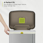 "A Perfect Fit. Say goodbye to loose bags—secure, snug, and slip-free." A hand reaches toward an open metal container, revealing an interior lid with a central, textured green piece.