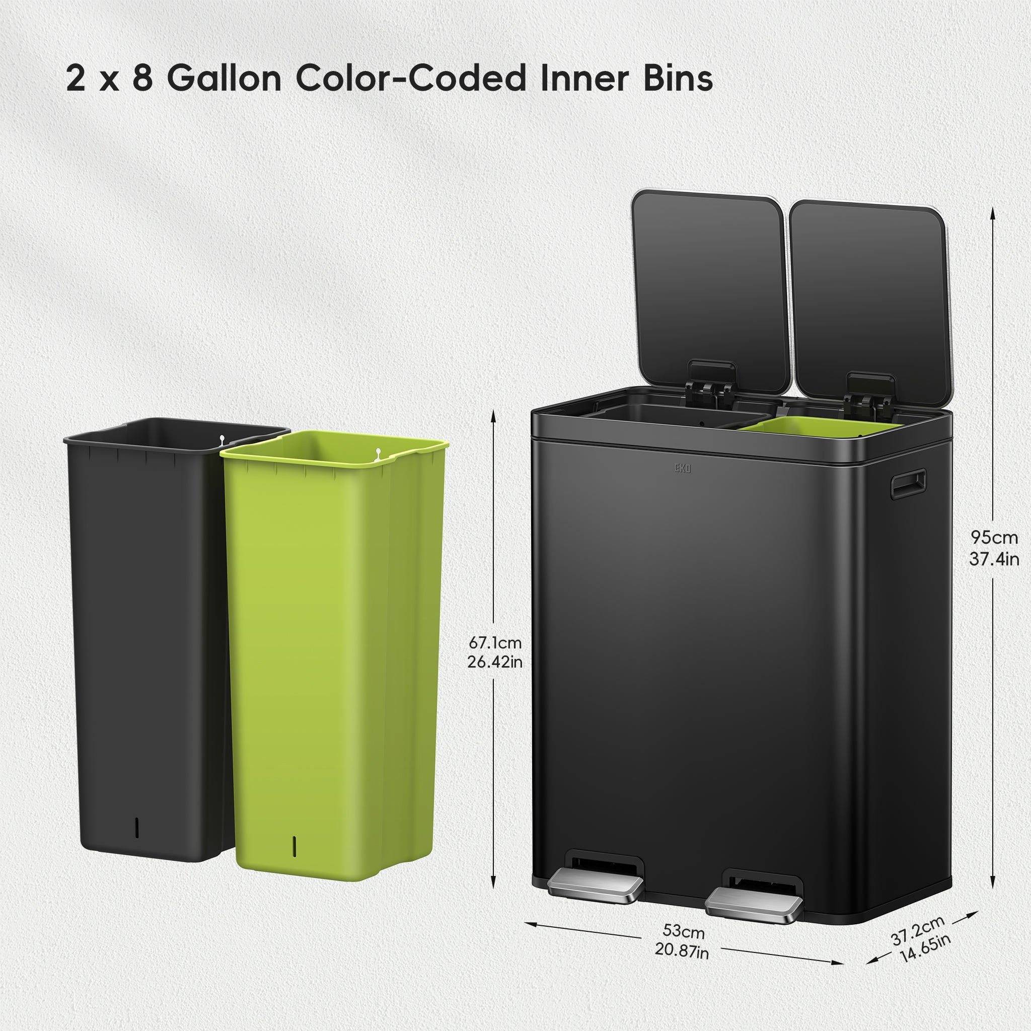 Edison Dual Kitchen Trash Can 8+8 Gal Removable Liners – Home by EKO