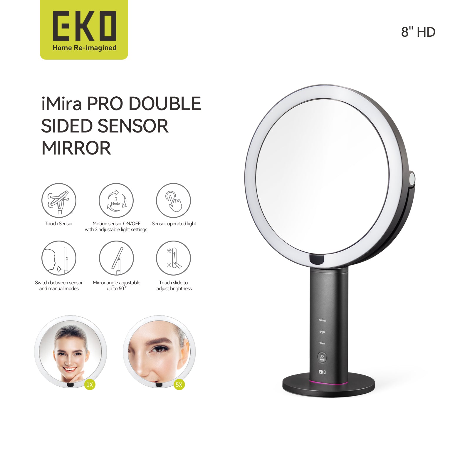 iMira Pro 8&quot; Double Sided Sensor Mirror - Dark Gray 1X/5X