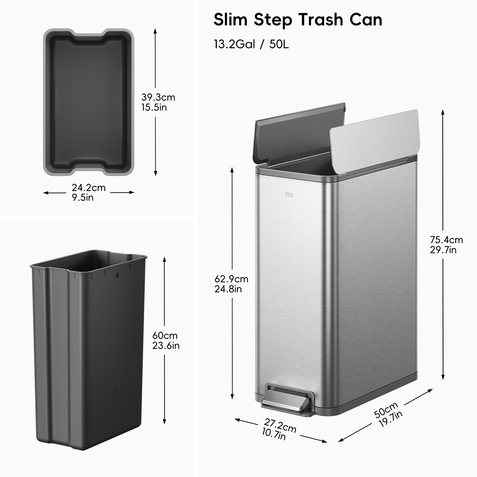 X-Wing 50L / 13.2 Gallon Slim Step Trash Can with Dual Wing Lid