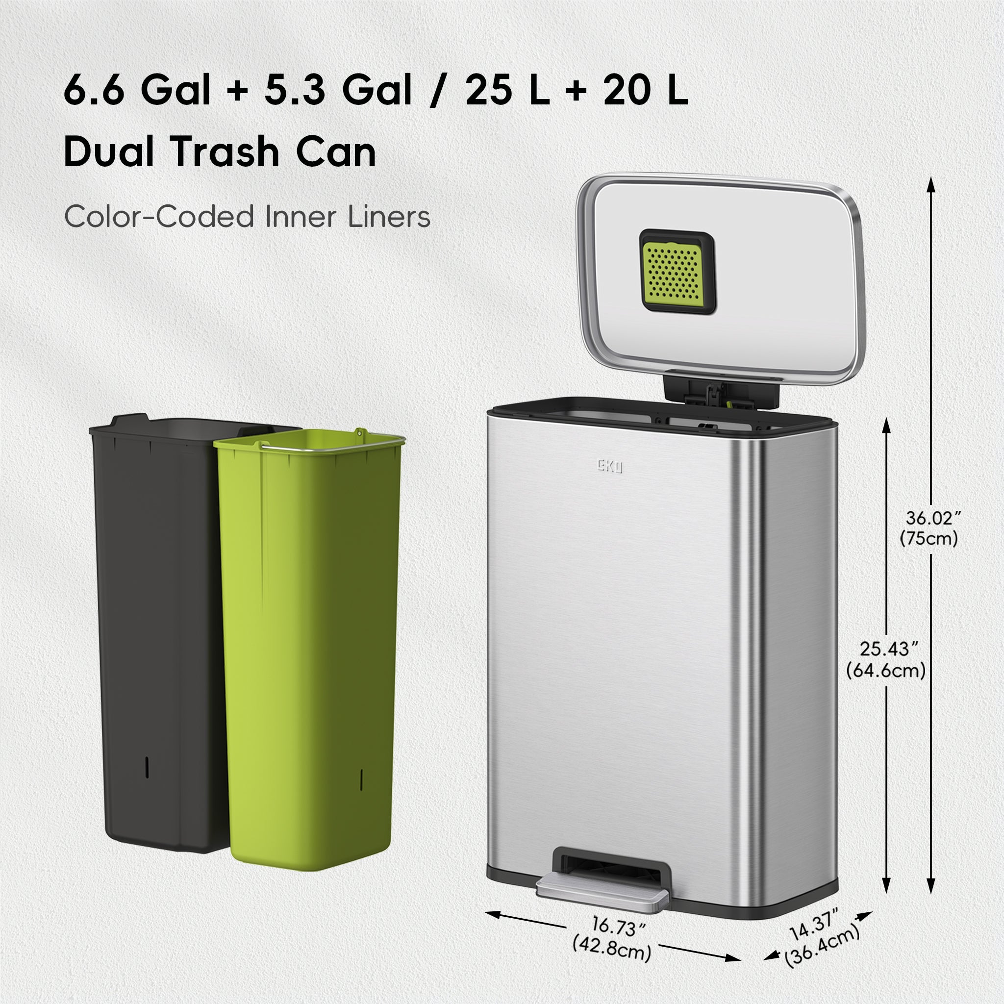 Madison 25L+20L Dual Compartment Step Trash Can - Brushed Stainless