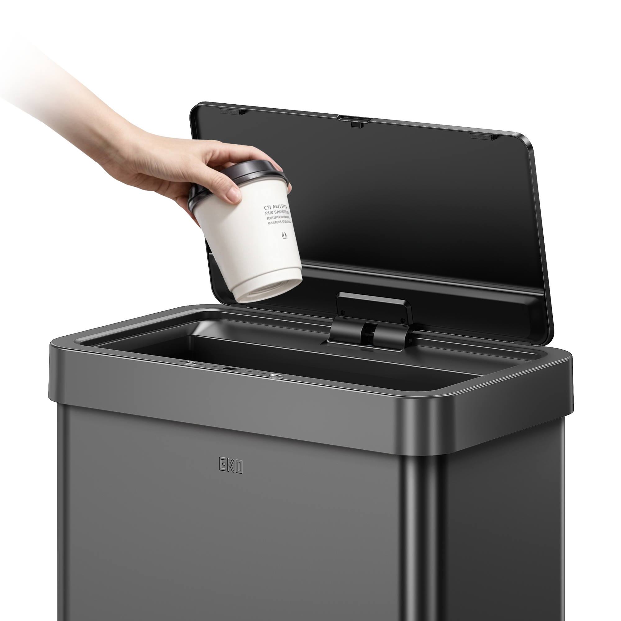 A hand places paper coffee cup into EKO Trash Can with Smart Sensor Technology. The trash can lid features a green deodorizer.