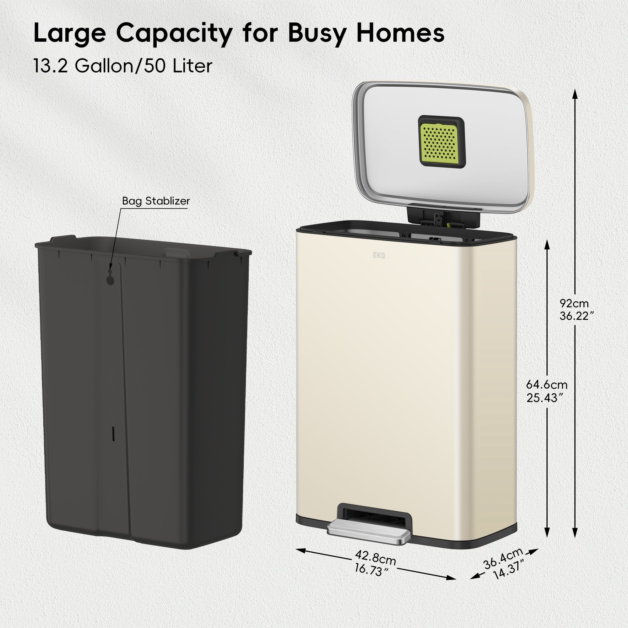 EKO Madison Vanilla Steel 50 Liter/13.2 Gallon Step Trash Can with Inner Liner – Large Capacity for Busy Homes - 13.2 Gallon/50 Liter