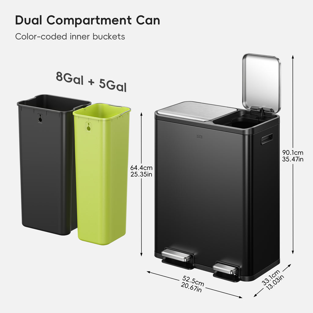 EcoCasa Dual Compartment Step Recycling Can, 30+20 L