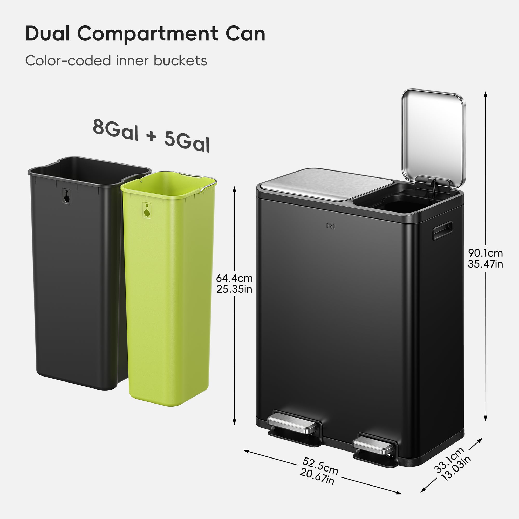 EcoCasa Dual Compartment 30L+20L Step Recycling Can - Matte Black