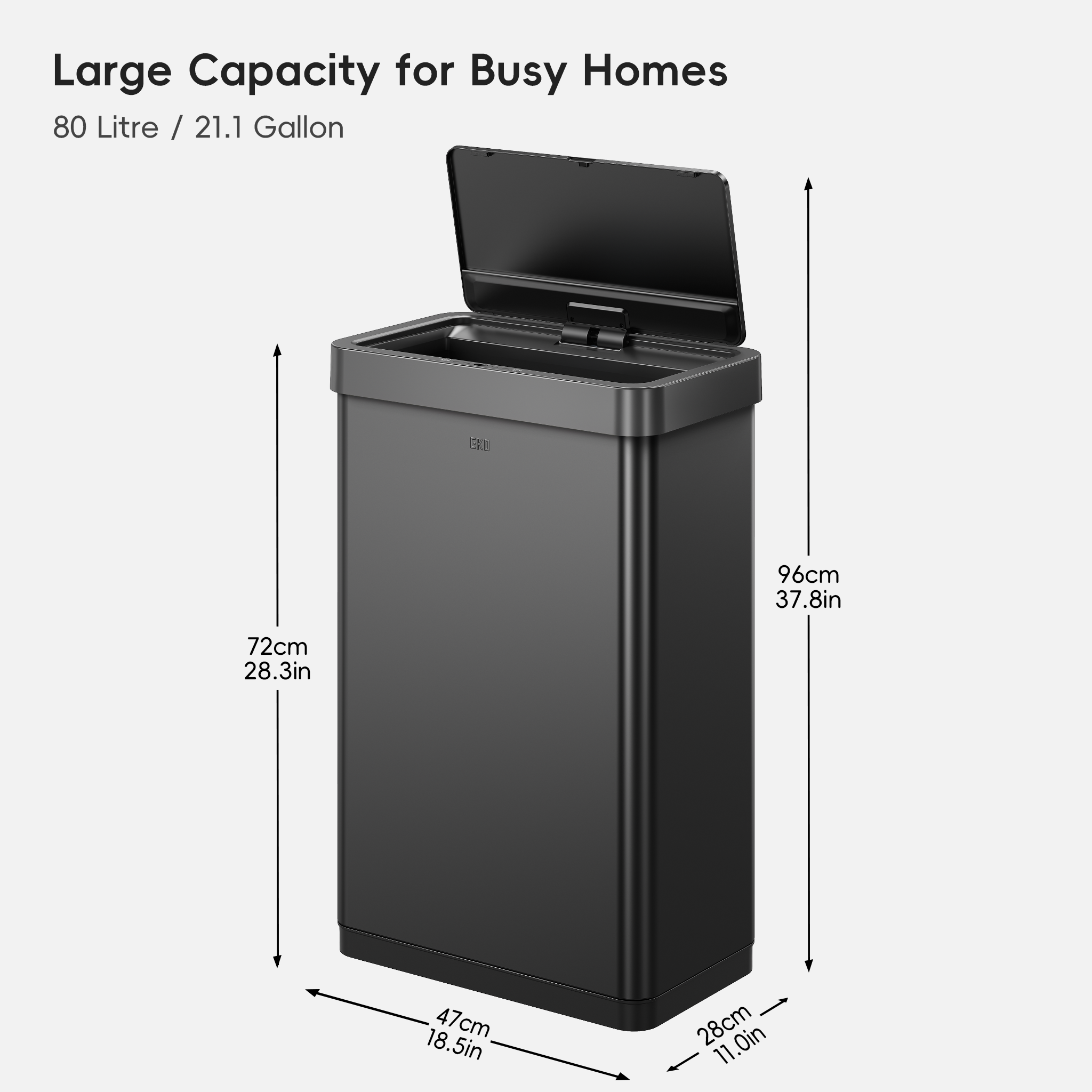 EKO Mirage-X  80 Liter / 21 Gallon Motion Sensor Can (Matte Black) Dimensions.