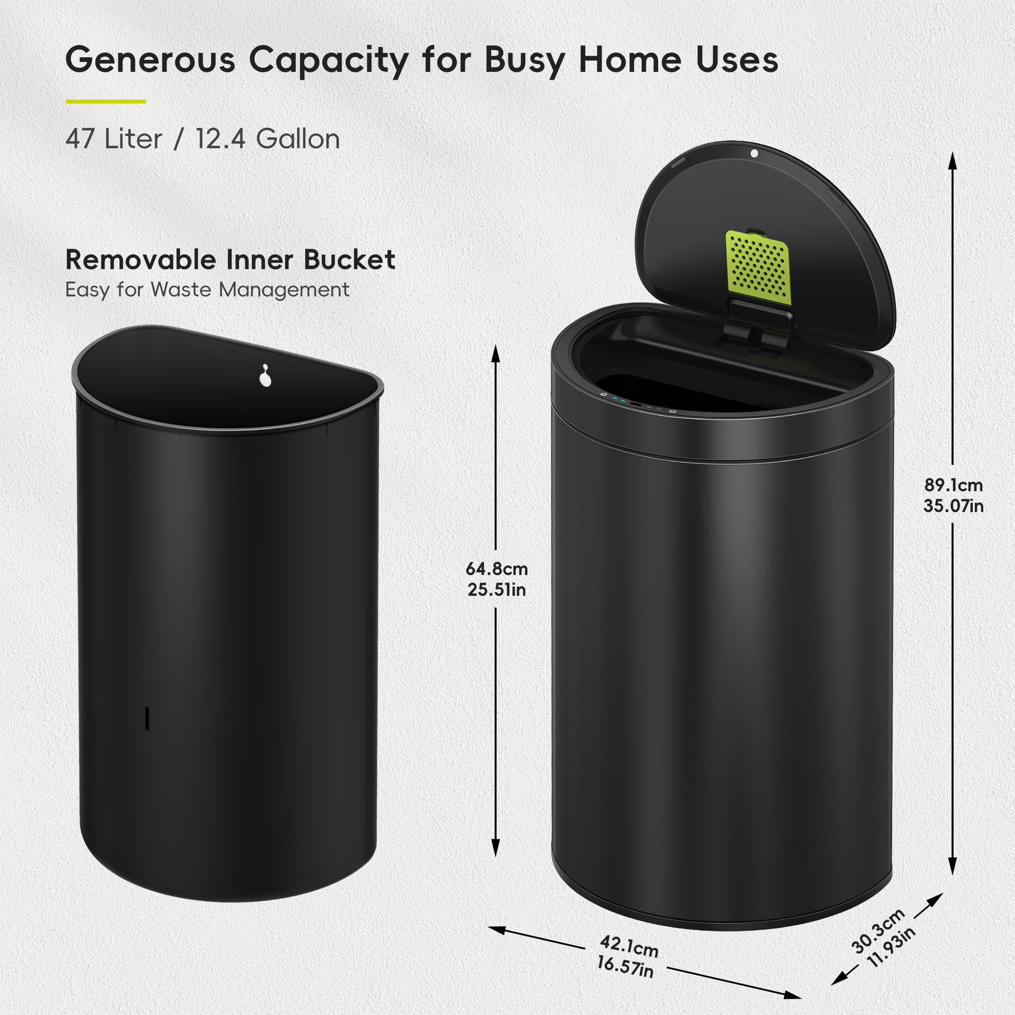 Mirage Semi-Round Motion Sensor Trash Can, 47 Liter / 12.4 Gallon, Matte Black