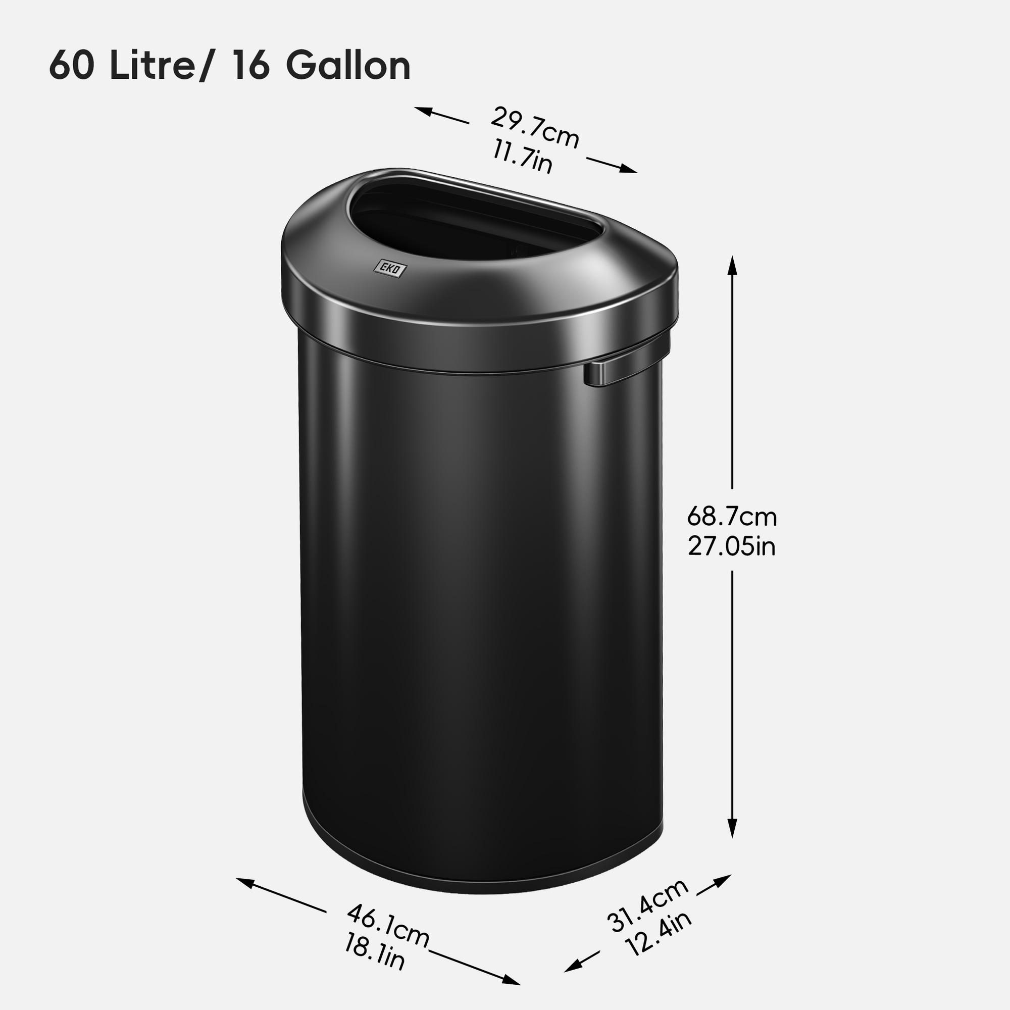 Urban Semi-Round Open Top Can Commercial Grade – 60L / 16 Gal-Matte Black