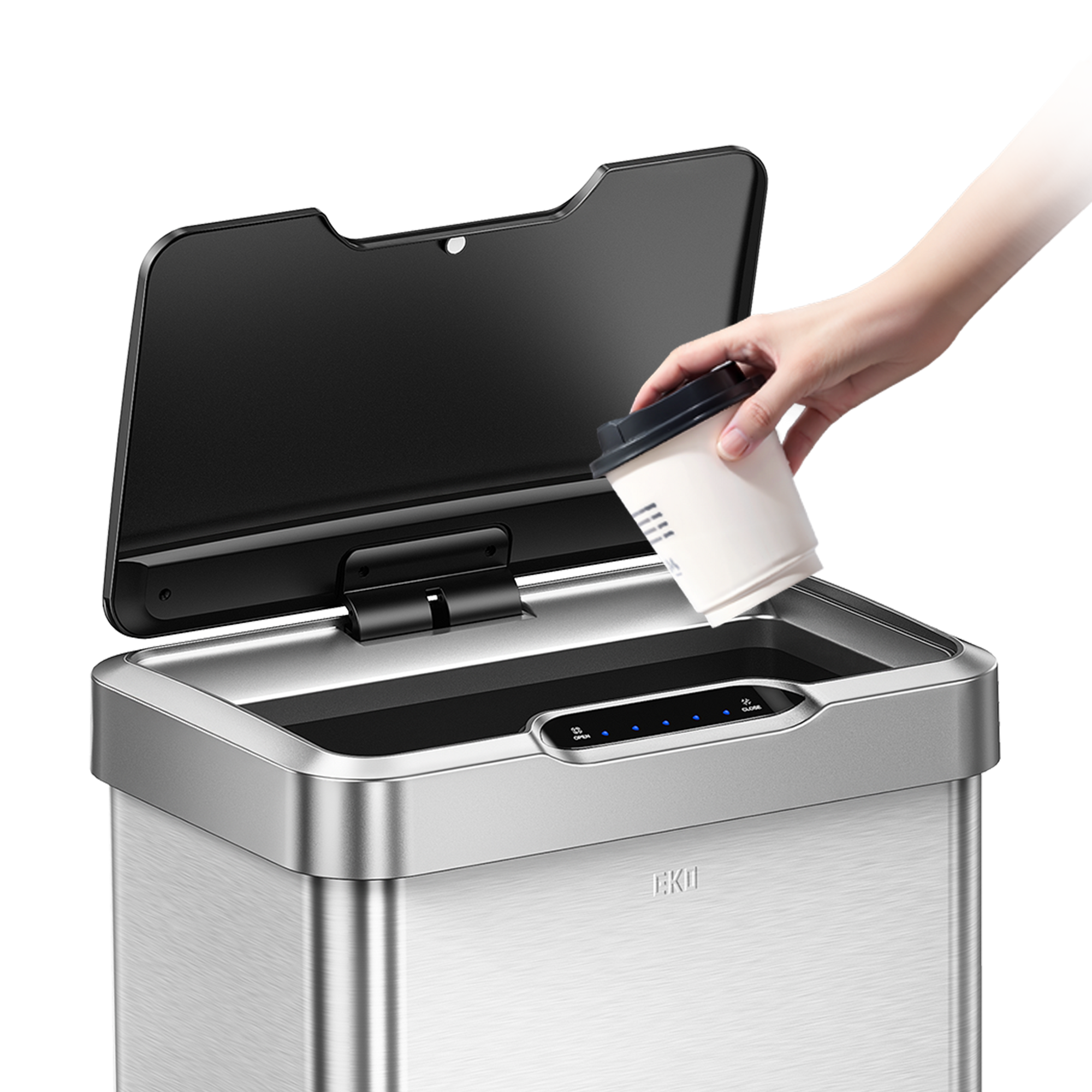 A hand places paper coffee cup into EKO Trash Can with Smart Sensor Technology.