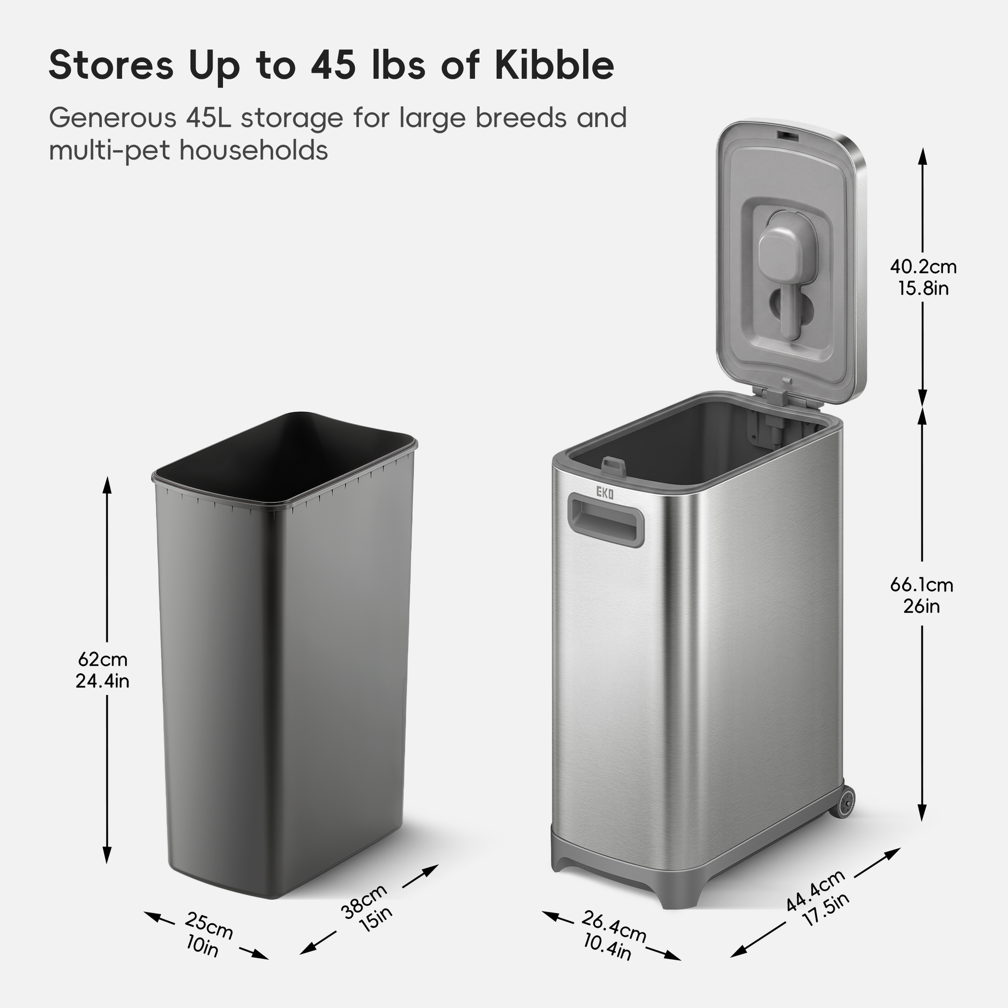 EKO 45 lb Stainless Steel Pet Food Storage Container with Lockable Airtight Lid
