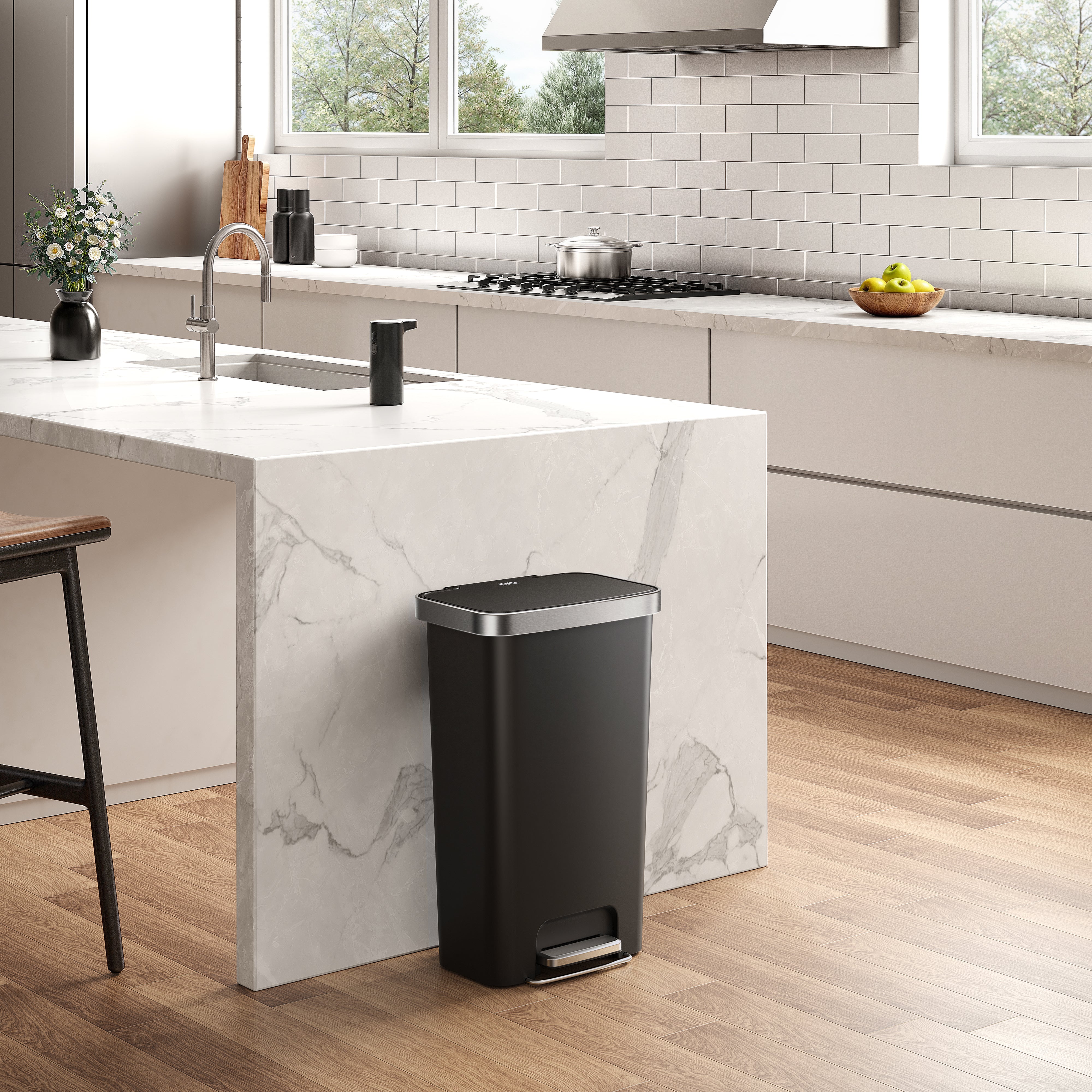 Hana*　0710 HANA 45L/ 11.9 Gallon Plastic Resin Step Kitchen Trash Can-Black