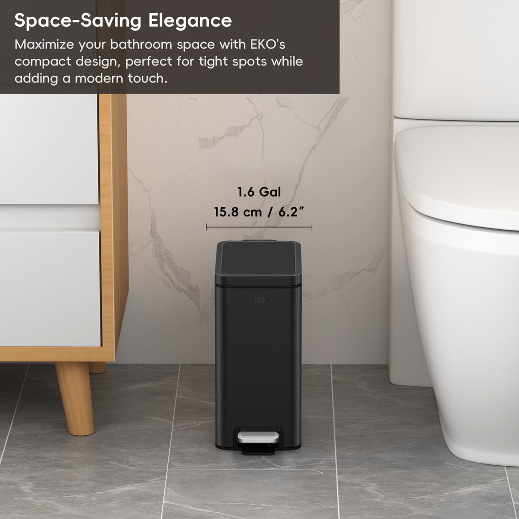 EKO Stella 6 L/1.6 Gal Small Bathroom Step Trash Can - Matte Black – Space-Saving Elegance