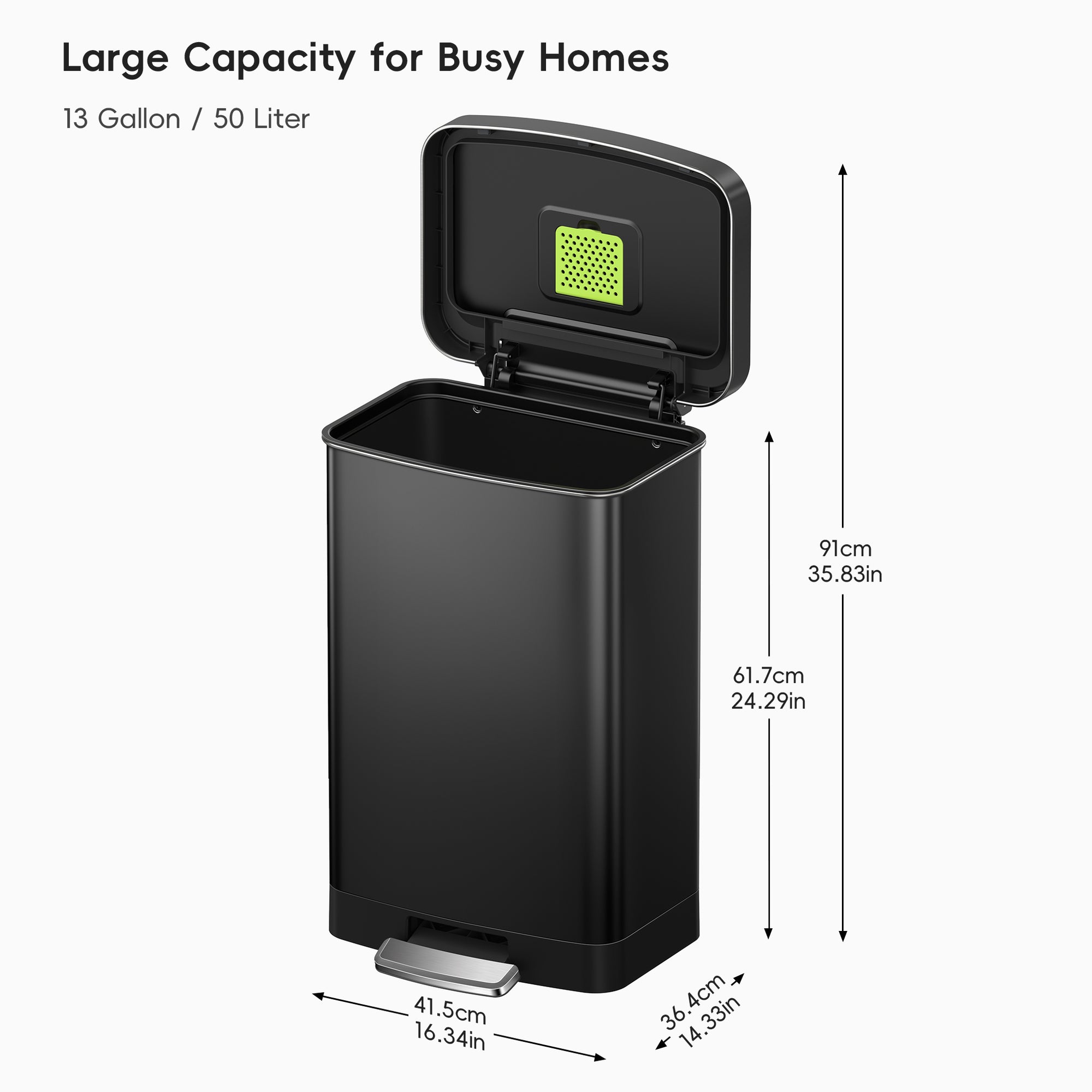 Hudson  50 Liter / 13 Gallon Step Can with Bag Compartment - Matte Black