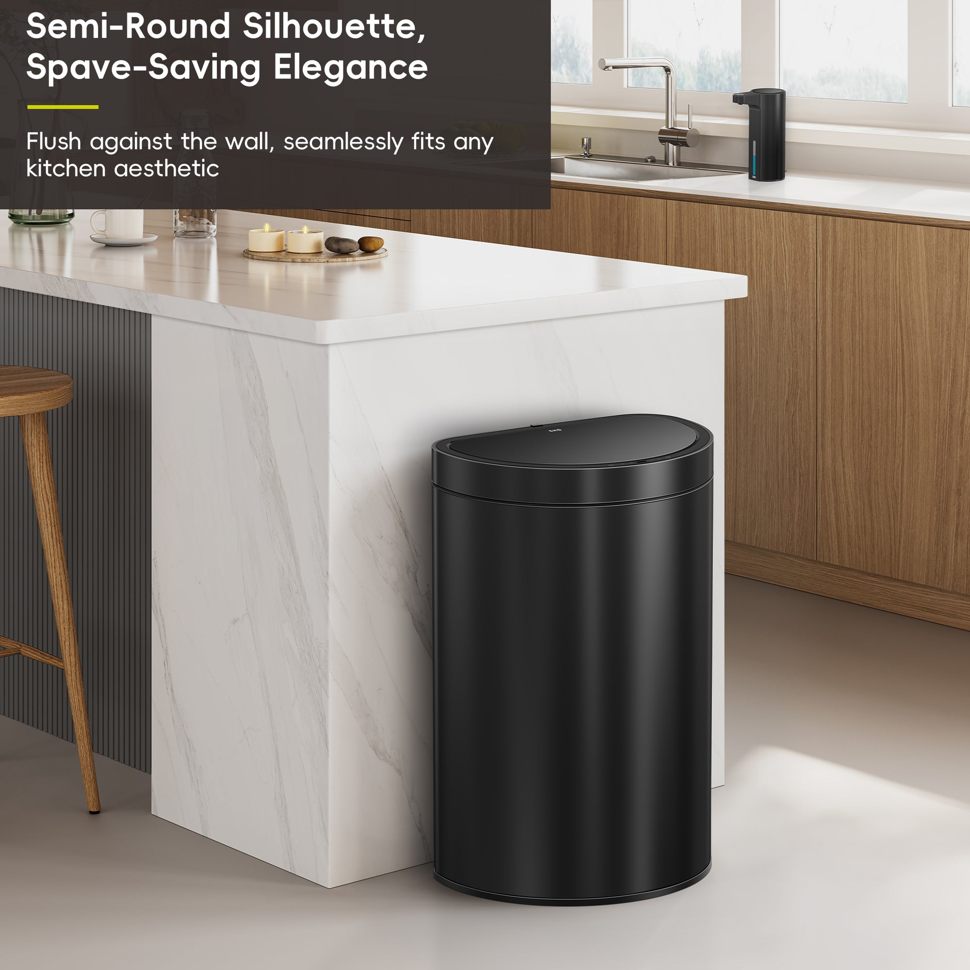 Mirage Semi-Round Motion Sensor Trash Can, 47 Liter / 12.4 Gallon, Matte Black