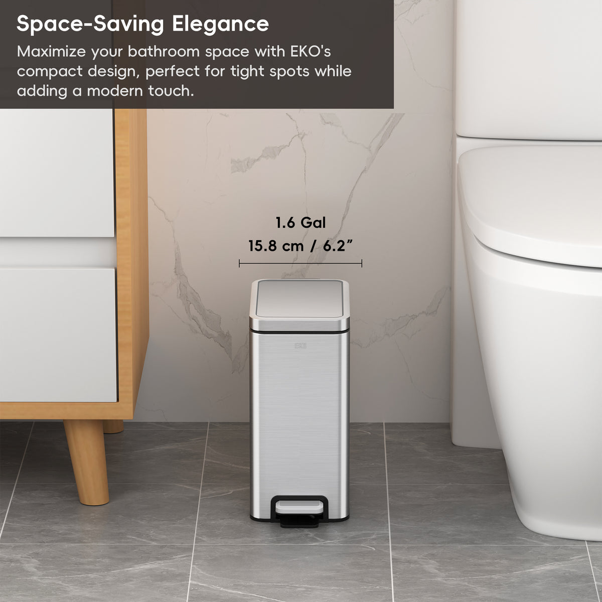 EKO Stella 6 L/1.6 Gal Small Bathroom Step Trash Can - Stainless Steel – Space-Saving Elegance
