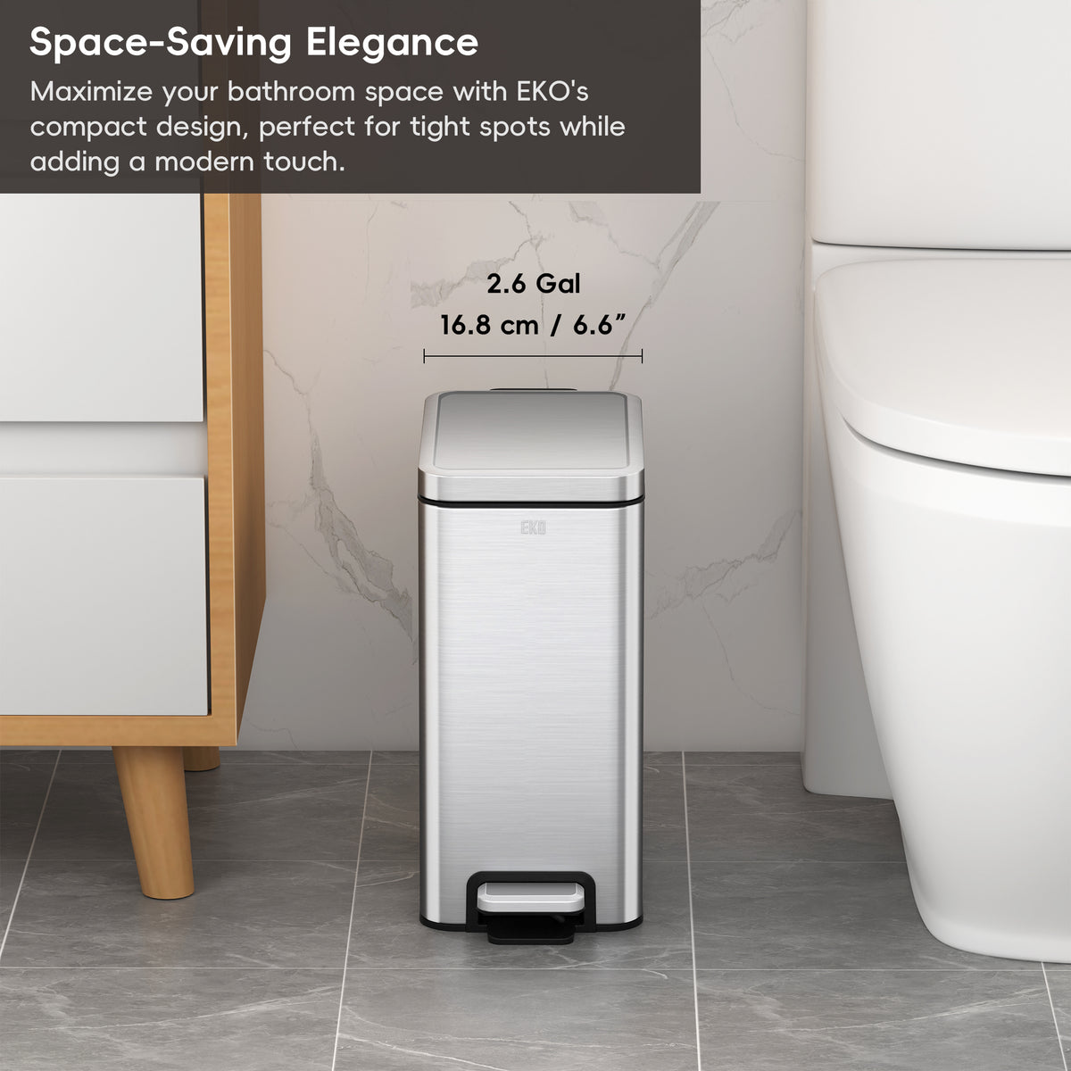 EKO Stella 10 L/2.6 Gal Small Bathroom Step Trash Can - Stainless Steel – Space-Saving Elegance