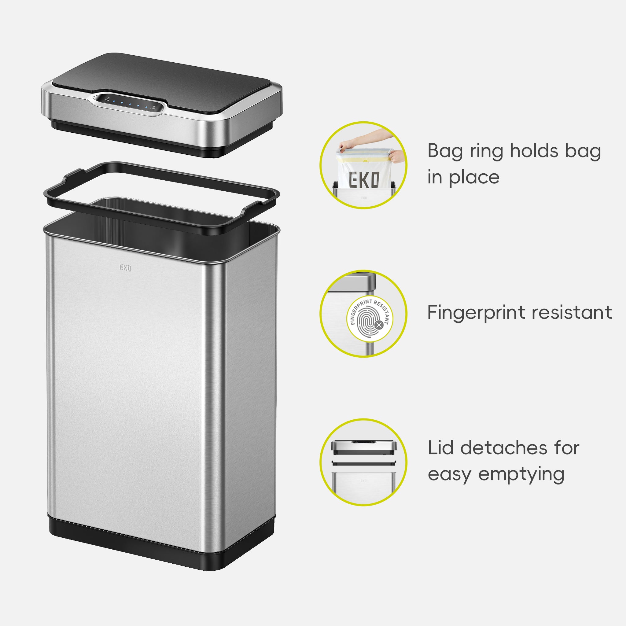 EKO Trash Can is showcased with diagrams illustrating its design features. Text highlights the 