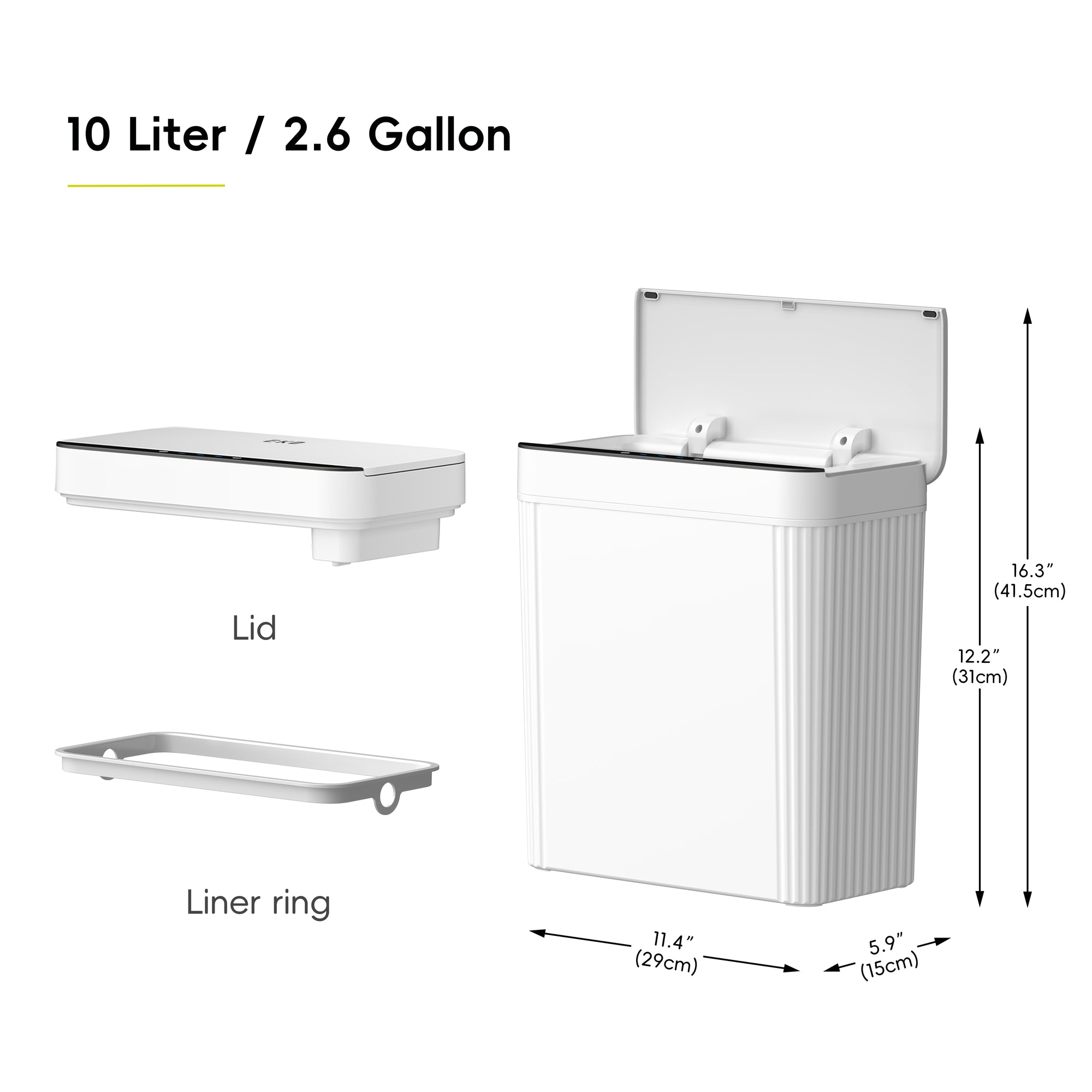 Brio 10L / 2.6 Gallon in White Compact Design Motion Sensor Trash Can