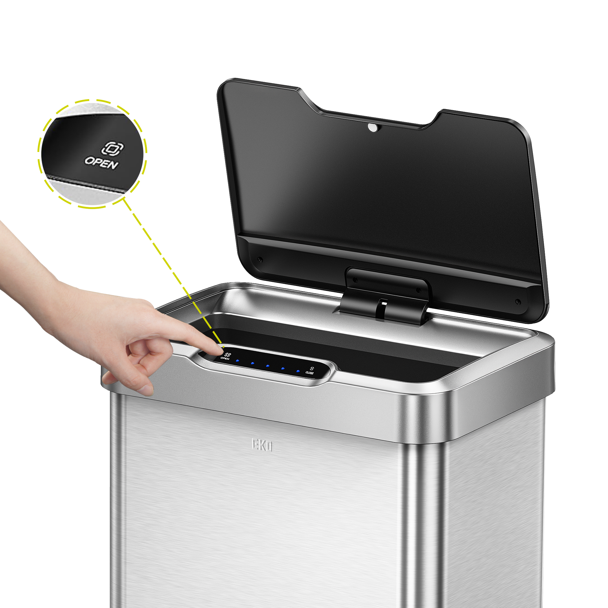 EKO Trash Can with open lid and hand reaching towards it. Manual Open Mode Keeps the lid open when you need it.