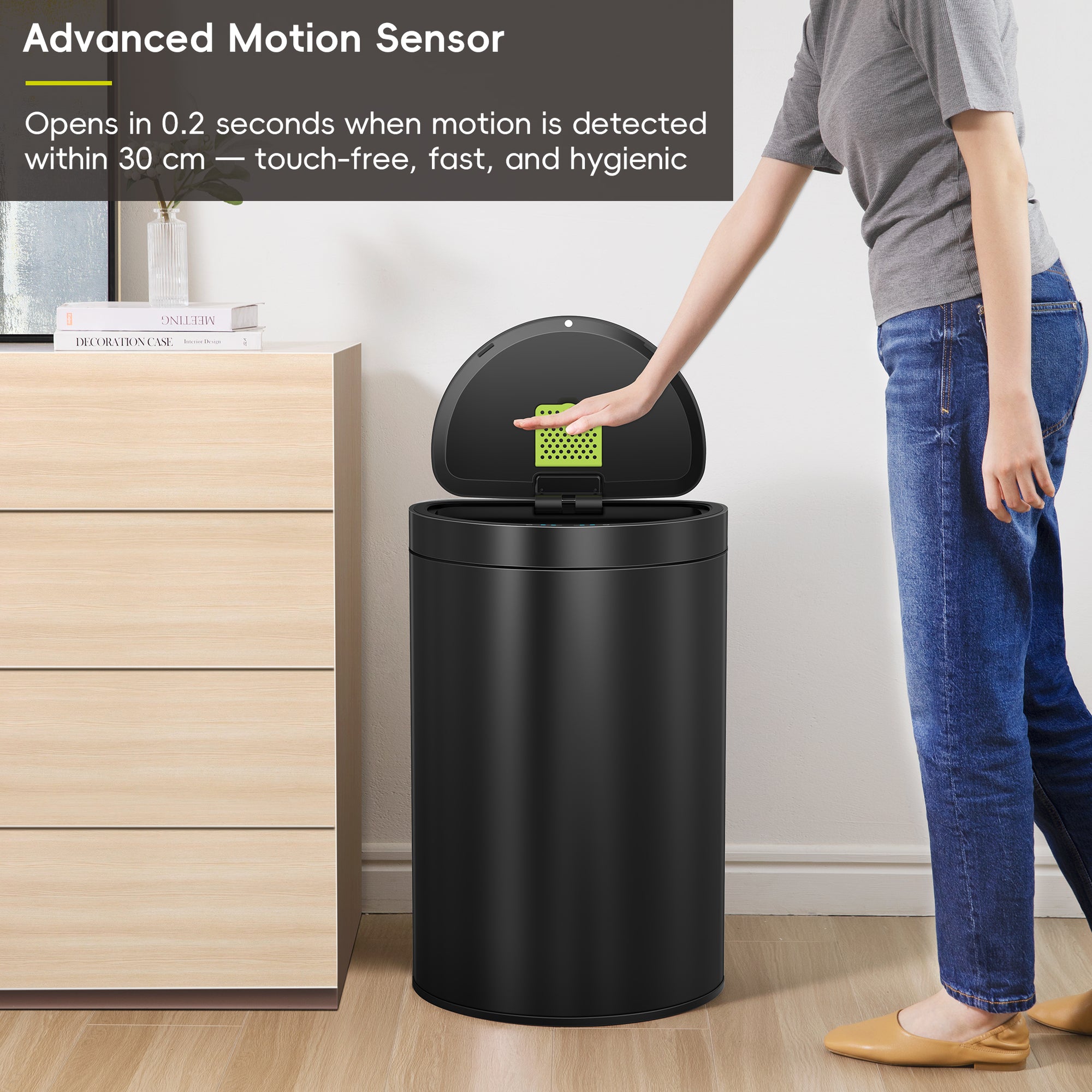 Mirage Semi-Round Motion Sensor Trash Can, 47 Liter / 12.4 Gallon, Matte Black