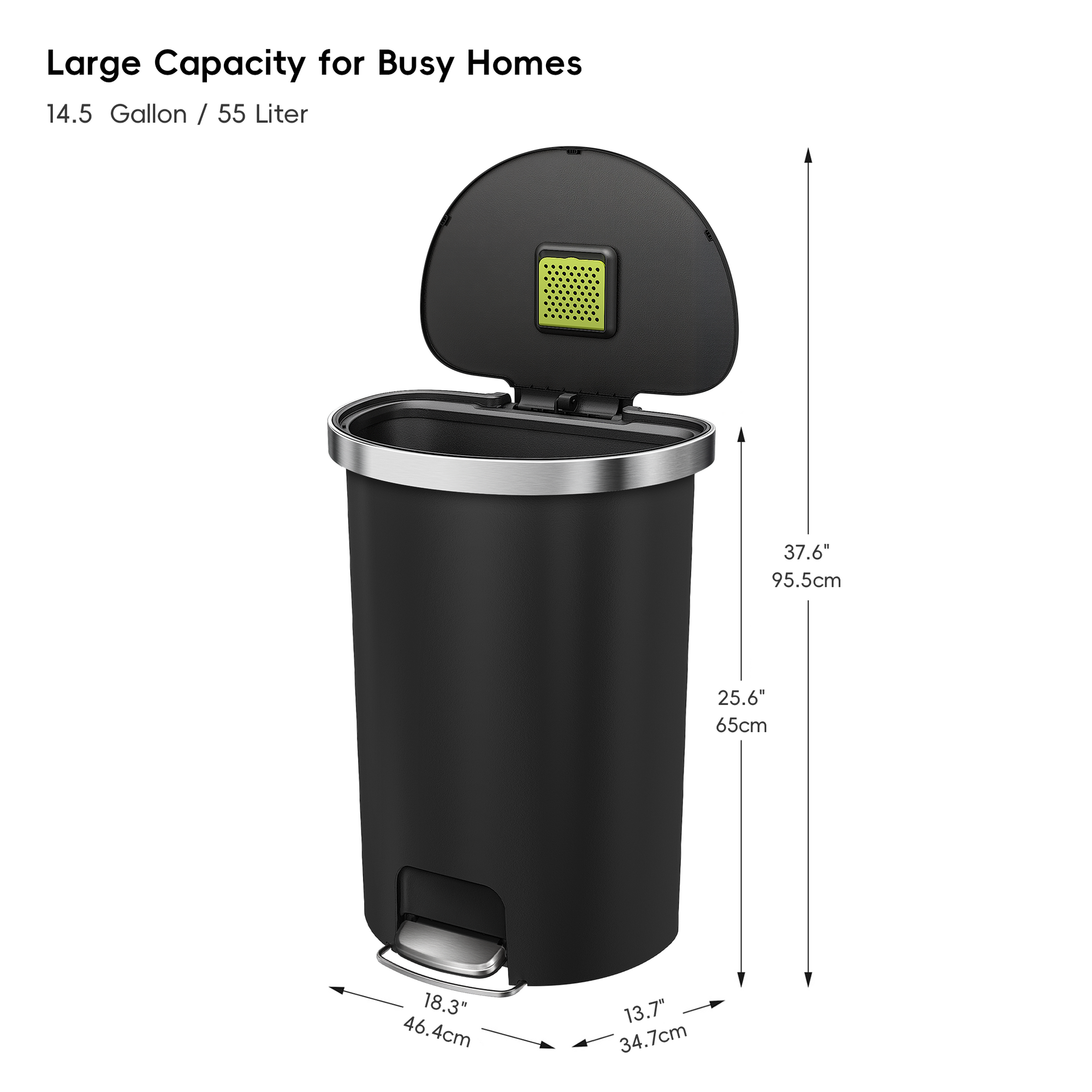 HANA Semi-Round 55L/ 14.5 Gallon Plastic Resin Step Kitchen Trash Can-Black