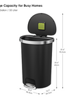 HANA Semi-Round 55L/ 14.5 Gallon Plastic Resin Step Kitchen Trash Can-Black